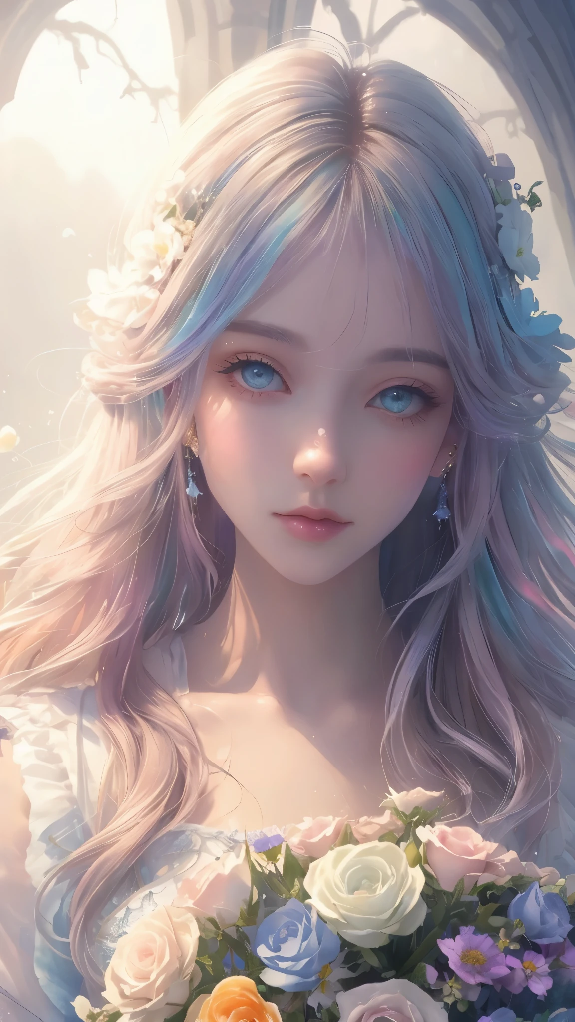 (high quality, 8k), (soft light), Rainbow-colored, one girl, detailed face, fine eyes, watercolor paiting,  so magical and dreamy, dreamy and detailed, dreamy atmosphereとドラマ, gorgeous atmosphere, fantastic beautiful lighting, dreamy atmosphere, beautiful atmosphere, dreamy romantic, fantastic dreamy theme, magical atmosphere, beautiful atmosphere, anime background art, magical atmosphere + table top, dreamy aesthetics, Beautiful details with atmosphere, lots of flowers, bubble, water, flower garden