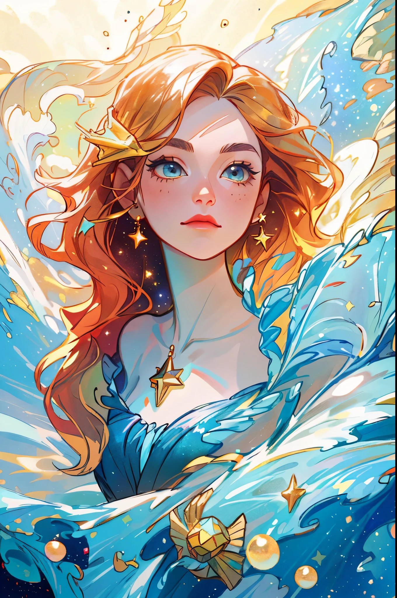 HD, (best details), (best quality), little mermaid，Detailed facial features, galaxy,flying blue fabric， flash, particle, wind, Golden bubbles, hair accessories, colorful hair, alone, jewelry, Starry Sky, Sky, Star, Milky Way, There was a young girl，little mermaid