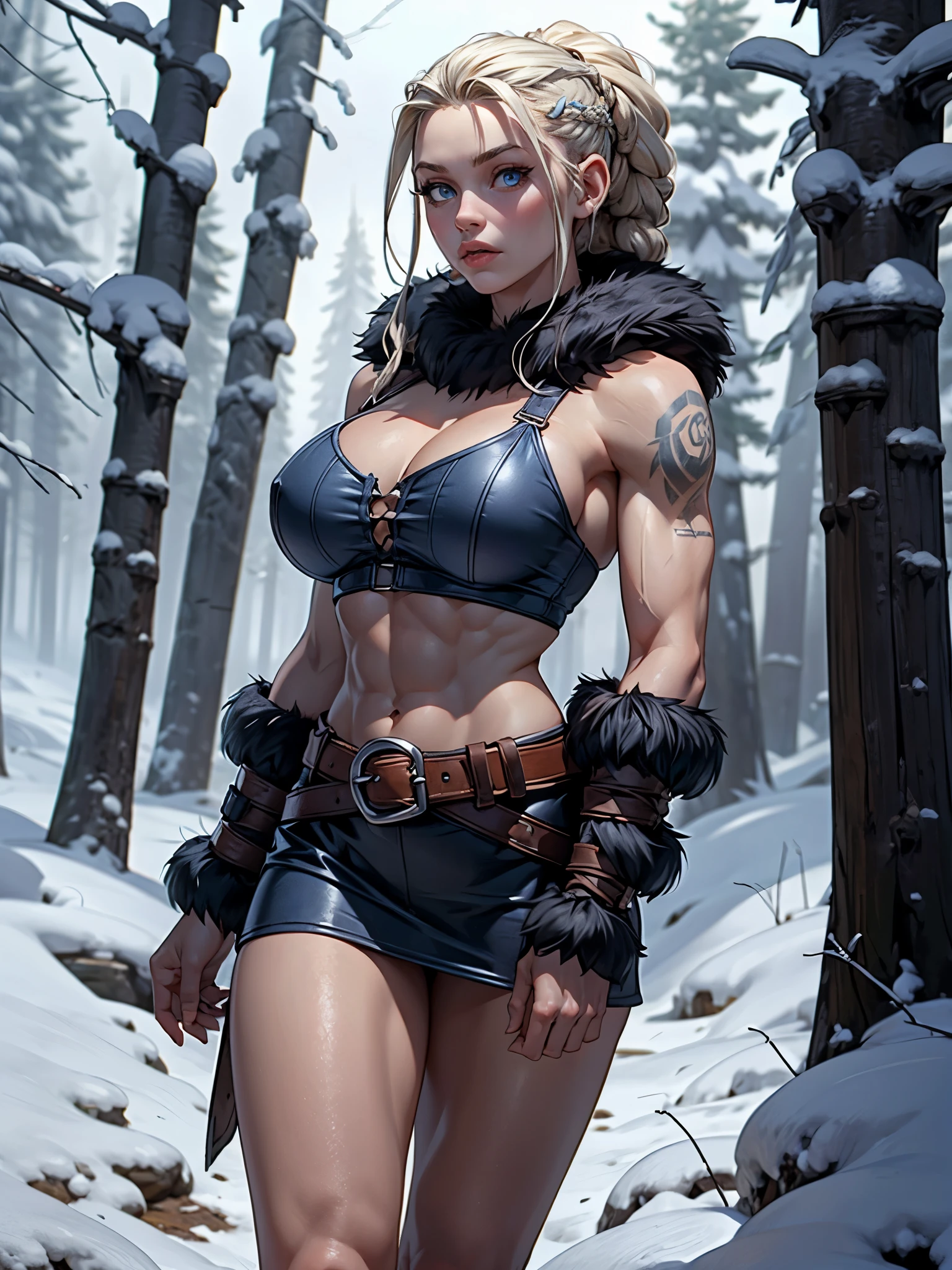 Female viking, (young:1.2), (muscular:1.2), fit, wearing brown furs and hides, (wearing furs:1.3) (blue norse tattoos:1.2), blue eyes, platinum blonde hair, (Dreadlocks:1.4), (Dreads:1.4), (Sideshave:1.4), warrior hair, Setting is a Scandinavian forest in winter, snow, bare arms, exposed naval, (abs:1.2). Highly detailed, norse, berserker, arm muscles, leg muscles, (bulky:1.2), leather straps, (large breasts:1.4), waist up, wide waist, stocky, (tall:1.4)
