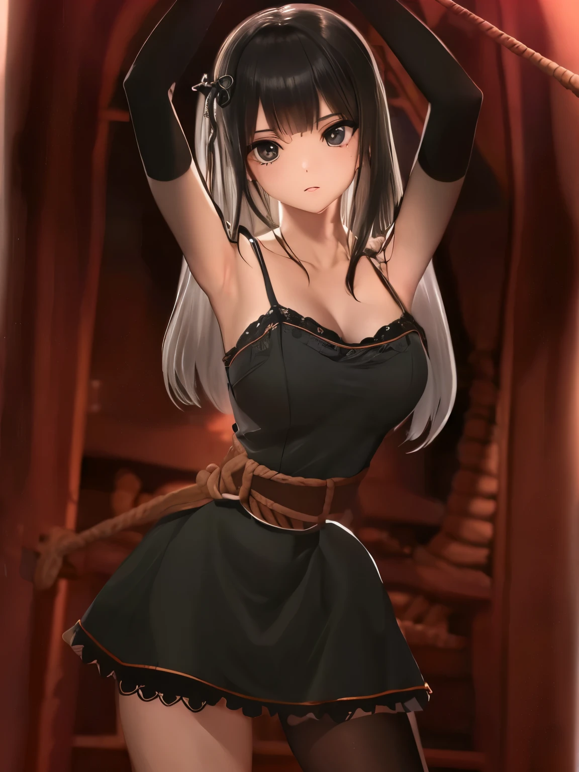 ((masterpiece)), ((highest quality)), (super detailed), torture room,(((rope strongly spueezing her waist))),pretty girl, 1 girl, alone,camisole dress,beautiful black hair, (beautiful black eyes), long hair, expression of agony