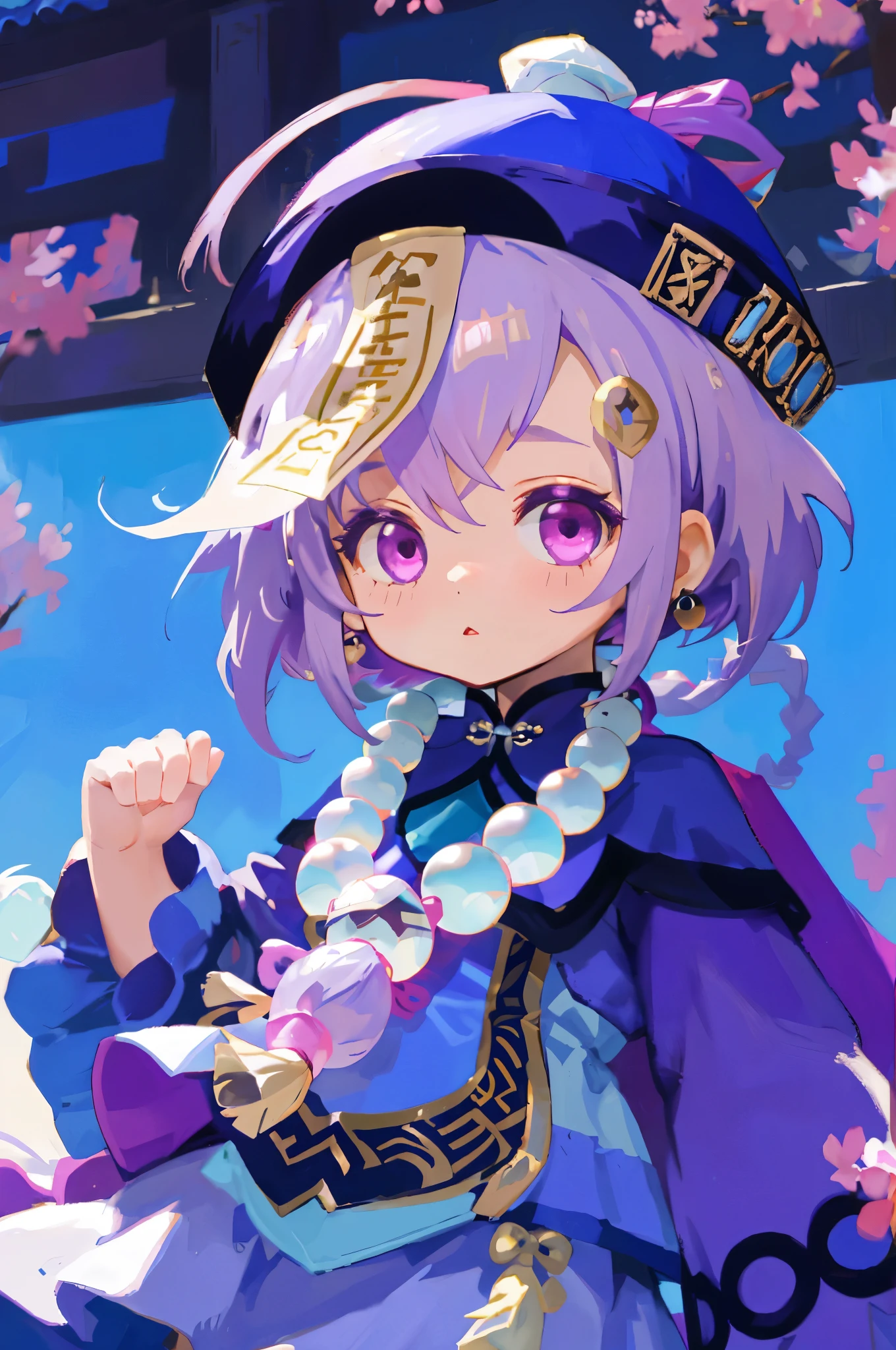 1 little chibi girl, light purple hair, dark purple hat, magenta eyes, purple and blue outfit, long white socks, big beads necklace, chinese clothes,  old chinese temple