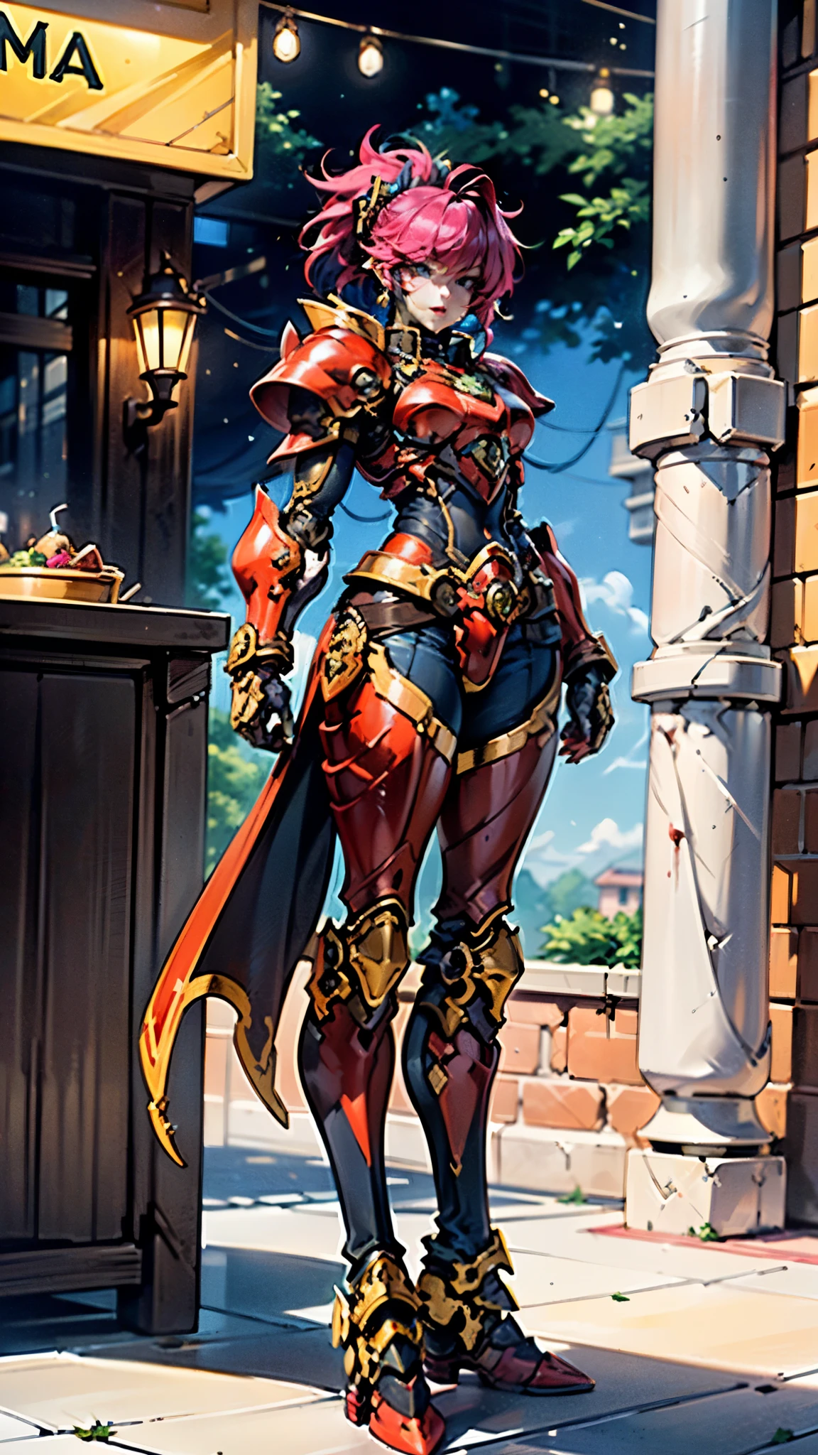 A woman adorned in fantasy-style full-body armor, a crown-concept fully enclosed helmet that unveils only her eyes, a composite layered chest plate, fully encompassing shoulder and hand guards, a lightweight waist armor, form-fitting shin guards, the overall design is heavy-duty yet flexible, ((the armor gleams with a golden glow, complemented by red and blue accents)), exhibiting a noble aura, she floats above a fantasy-surreal high-tech city, this character embodies a finely crafted fantasy-surreal style armored hero in anime style, exquisite and mature manga art style, (Queen bee mixed with Spider concept Armor, plasma, blood), ((Element, energy, elegant, goddess, femminine:1.5)), metallic, high definition, best quality, highres, ultra-detailed, ultra-fine painting, extremely delicate, professional, anatomically correct, symmetrical face, extremely detailed eyes and face, high quality eyes, creativity, RAW photo, UHD, 32k, Natural light, cinematic lighting, masterpiece-anatomy-perfect, masterpiece:1.5