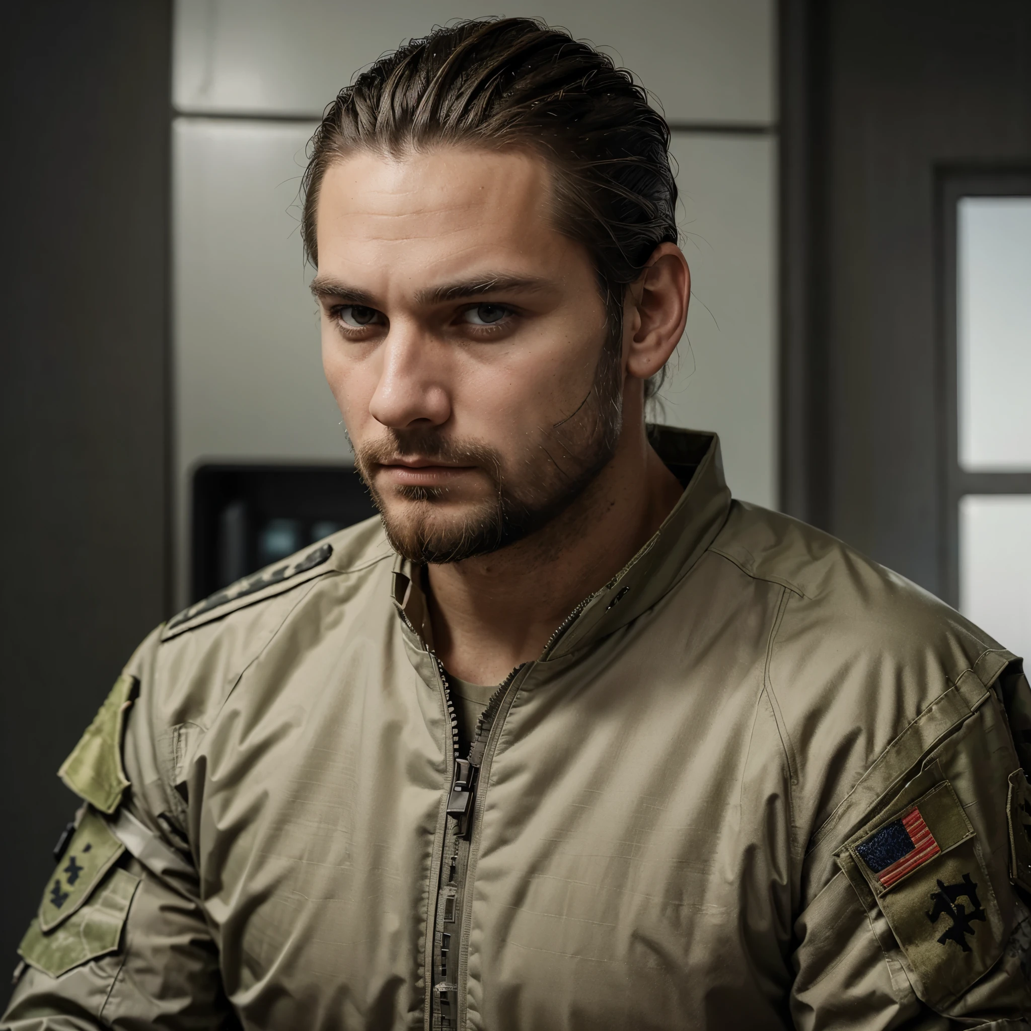 A portrait of Caucasian man with slicked back hair and a stubble beard, wearing a AOR1 Crye Precision G3 Combat Uniform set. He stares blankly at the camera like it's a picture for a identification card.