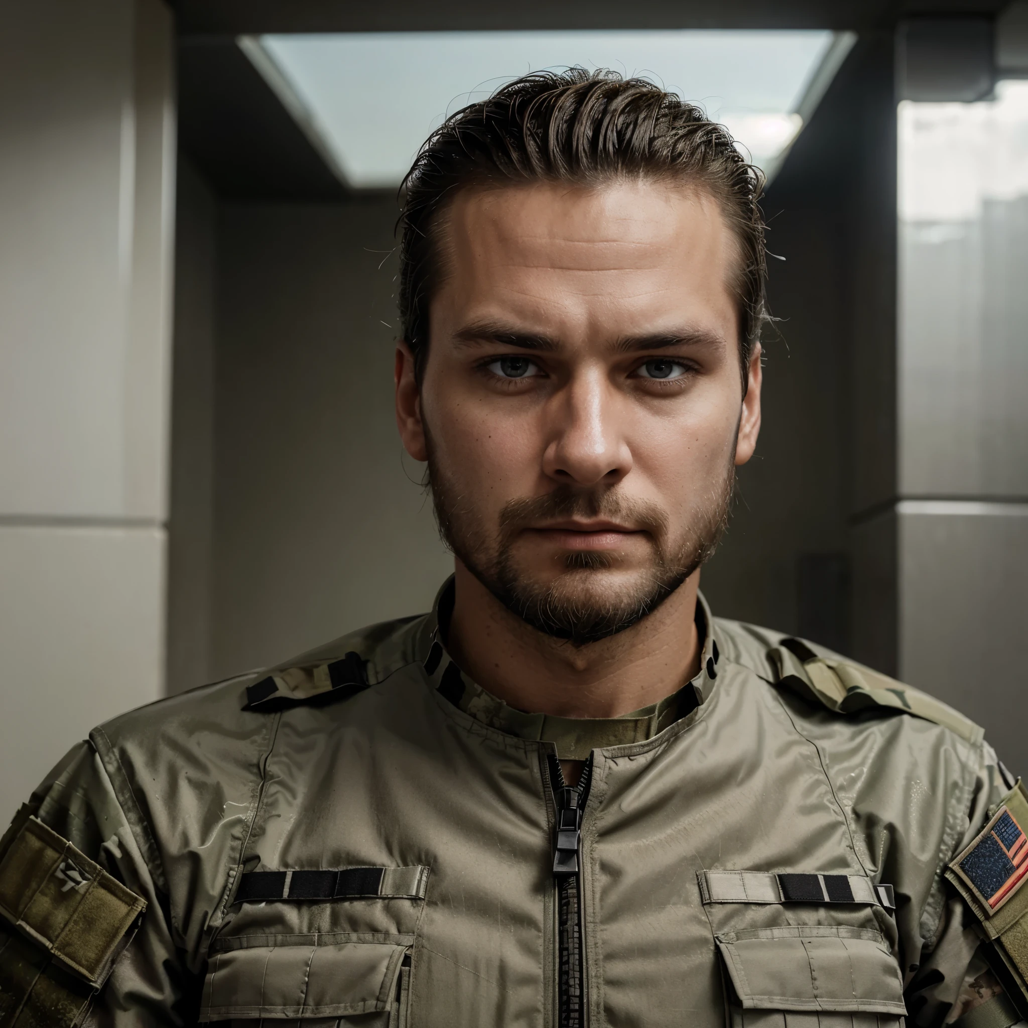 A portrait of Caucasian man with slicked back hair and a stubble beard, wearing a AOR1 Crye Precision G3 Combat Uniform set. He stares blankly at the camera like it's a picture for a identification card.