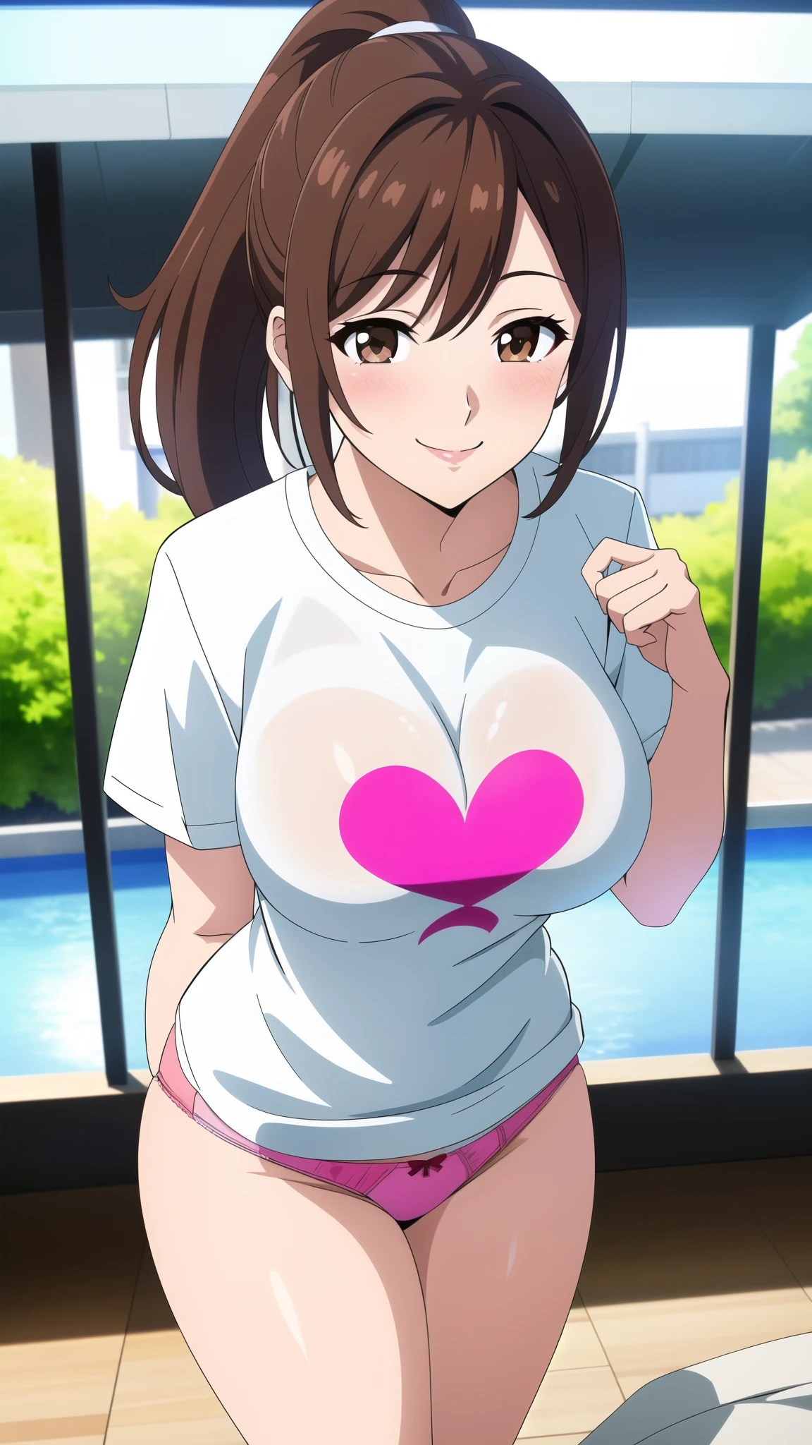 (best quality:1.5, highres, UHD, 4K, detailed lighting, shaders, perfect graphic), brown ponytail, large breasts, milf, sexy, white t-shirt with love picture, panties, standing, smiling, pov, blushing:1.3