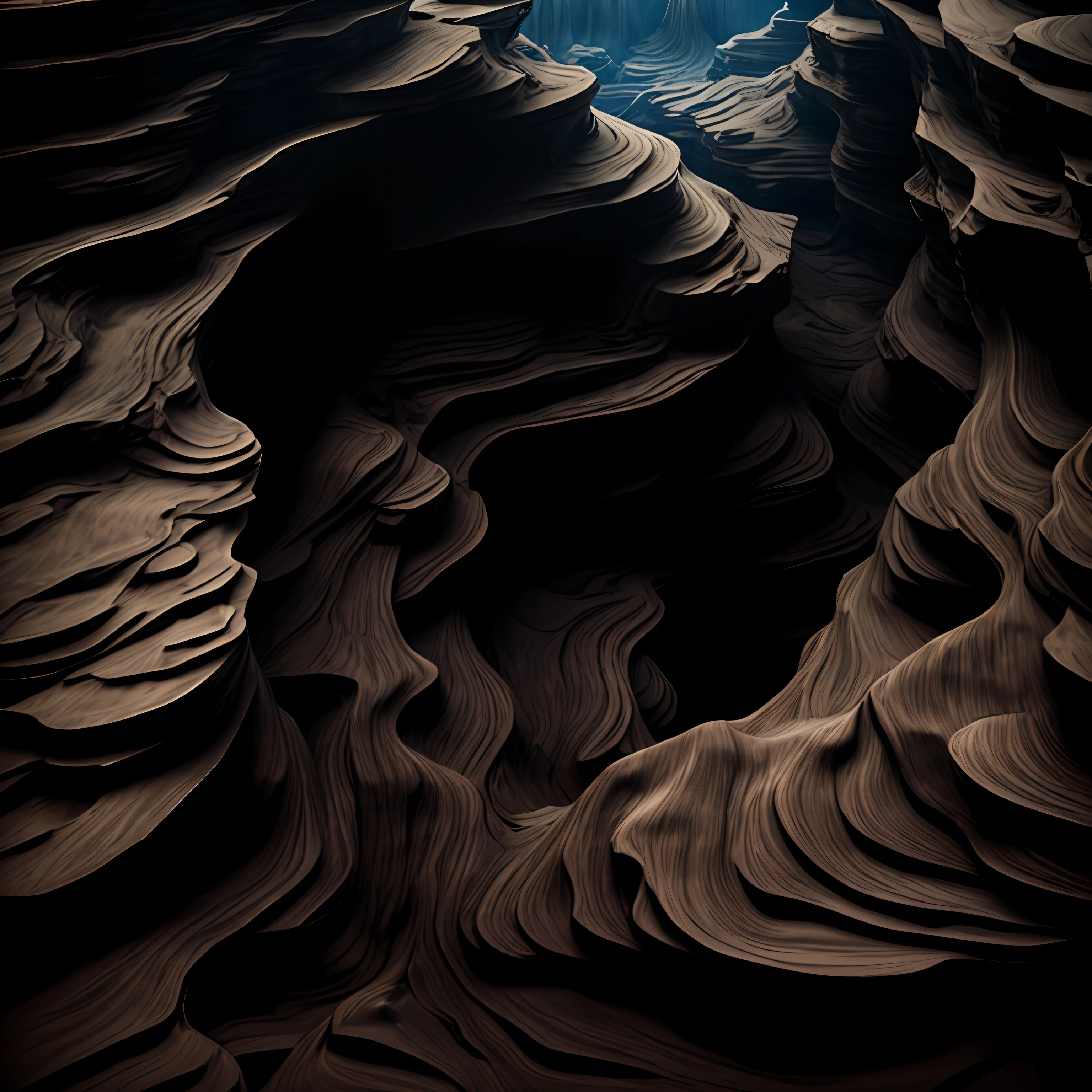 a digital art of a cave with some sort of crater, in the style of dramatic diagonals, textural surface treatment, surreal 3d landscapes, wavy resin sheets, dark, moody landscapes, thin steel forms, minimalistic landscapes in the style of palette knife, magical realism, romantic moonlit seascapes, socialist realism, victorian genre paintings, emphasizes emotion over realism, redshift