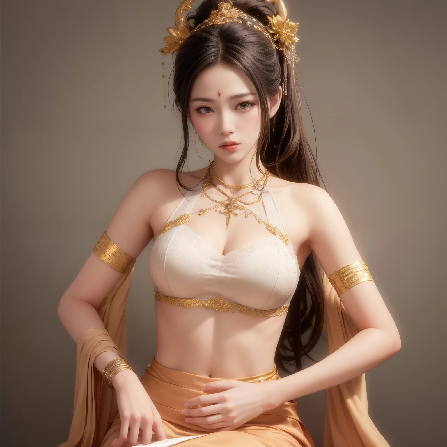 a girl,alone,gray background,artistic lighting,Beautiful Asian goddess,long brown hair,high ponytail,Blonde headband,Exquisite facial features,Thin white lace dress,Gold embroidery on the skirt,sleeveless,smooth skin,huge :1.5,sit cross-legged,Hands together,center,symmetry,whole body:1.5,from below,abdominal shot