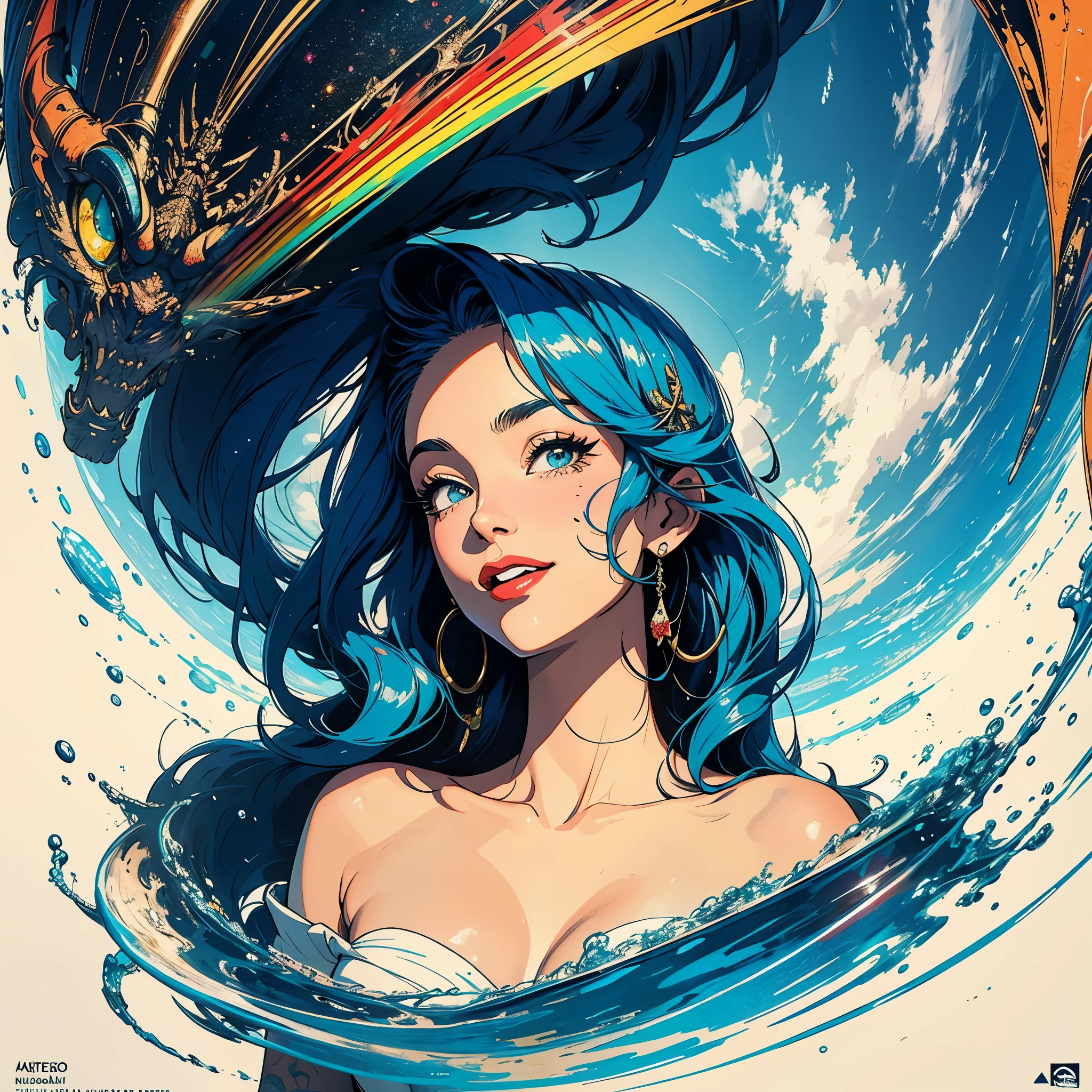 (masterpiece, highest quality), 32k,(A very detailed beautiful woman), poster,science fiction,1960s,1970s,bauhaus, shape, OK, abstract, propaganda,movie poster, vintage,retro,futuristic,anime,ultimate map,Perfect rainbow,highlight,angle from below, awesome smile, big tits,tatoo,