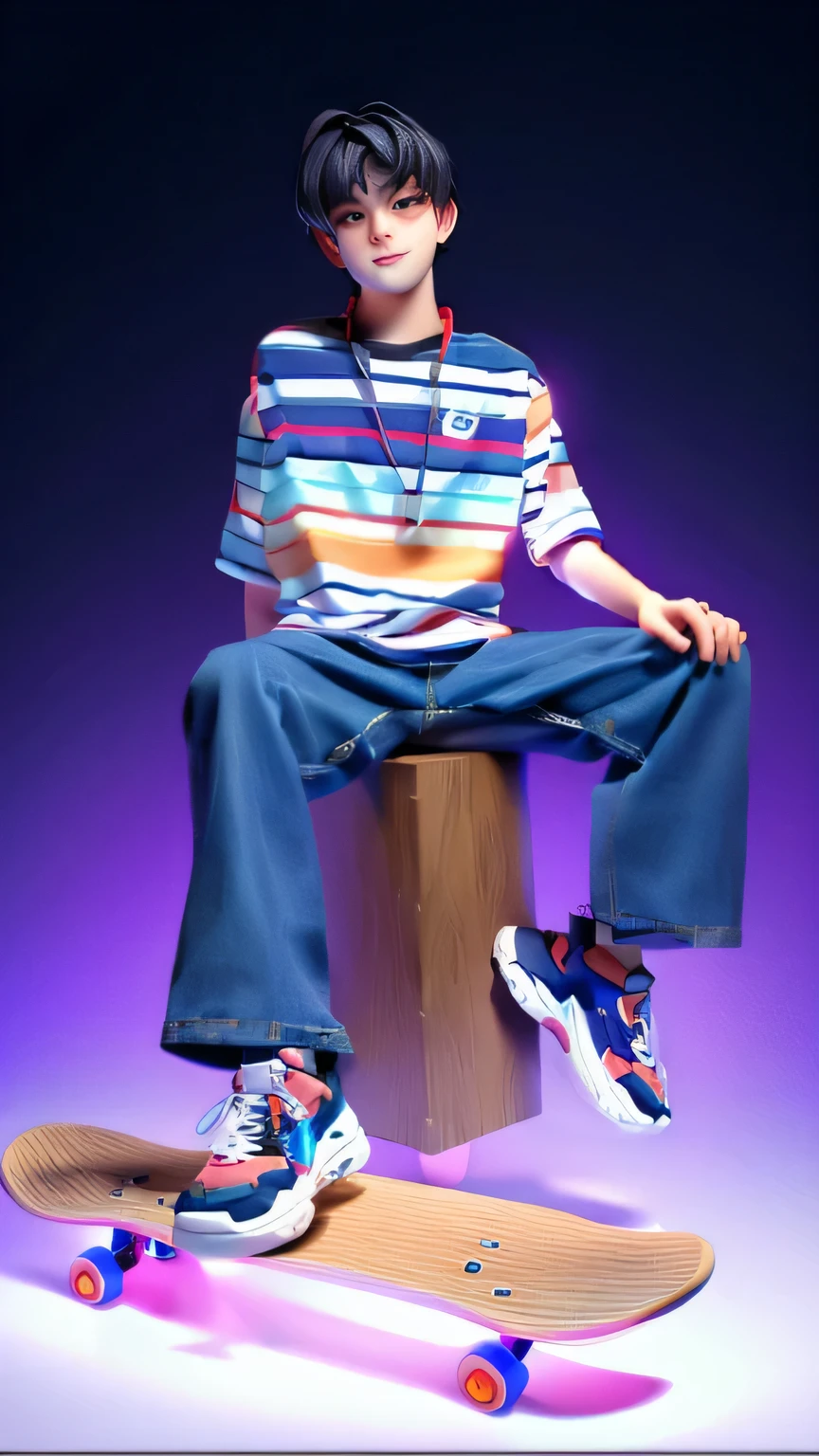 The boy sits on the box，There&#39;s a skateboard in front of me, casual clothing style, Blind box toy style, reflected light, relief, Blurred foreground, high quality, anatomically correct, 4k, Ultra-detailed, textured skin