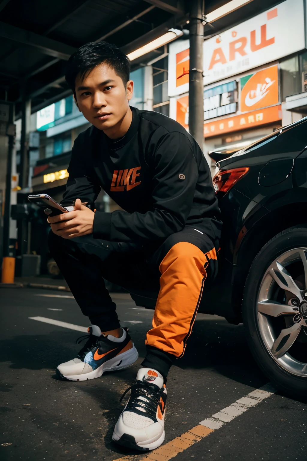 A Vietnamese young man, 36 years old, cool with short black hair, wearing a Black and Orange sport clothes, nike airmax sneakers. His clothes have the text 'Rymax' on them. She seems to jump out of the smart phone screen, surrounded by car engine, energy and oil popping out. The background is Orange and Black, realistic, 32K, super detailed, mesmerizing. The picture is taken by a mechanical camera.