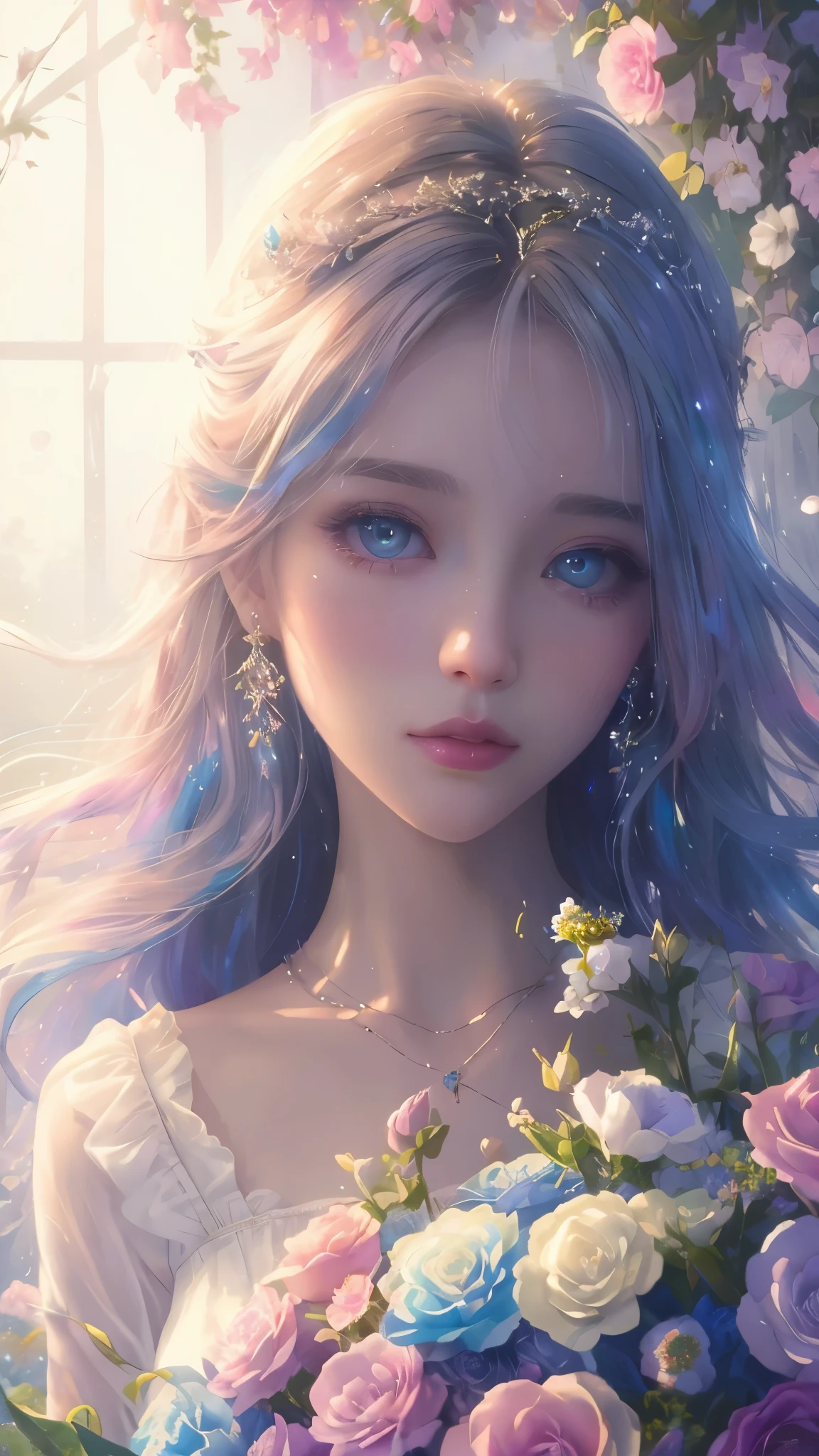 (high quality, 8k), (soft light), Rainbow-colored, one girl, detailed face, fine eyes, watercolor paiting, so magical and dreamy, dreamy and detailed, dreamy atmosphereとドラマ, gorgeous atmosphere, fantastic beautiful lighting, dreamy atmosphere, beautiful atmosphere, dreamy romantic, fantastic dreamy theme, magical atmosphere, beautiful atmosphere, anime background art, magical atmosphere + table top, dreamy aesthetics, Beautiful details with atmosphere, lots of flowers, bubble, water, flower garden
