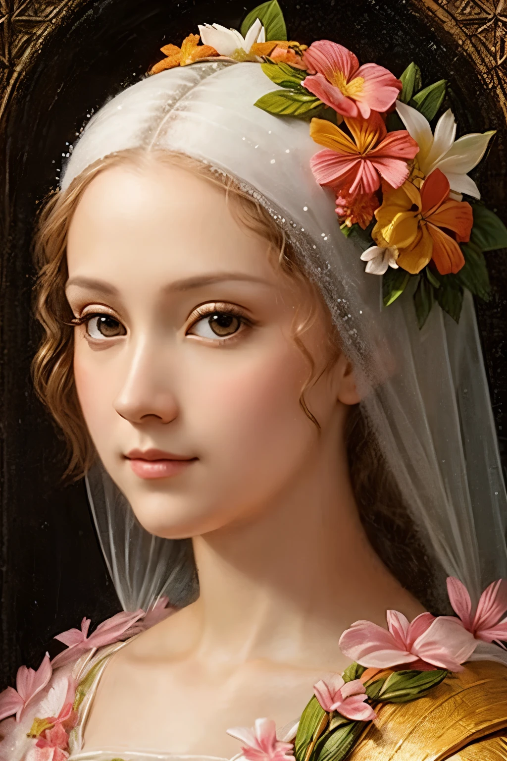 Beautiful detailed frost frost frosty Hawaiian white orange yellow winter queen soft many pink Hawaiian flowers hyperdetailed portrait 8k Leonardo da Vinci