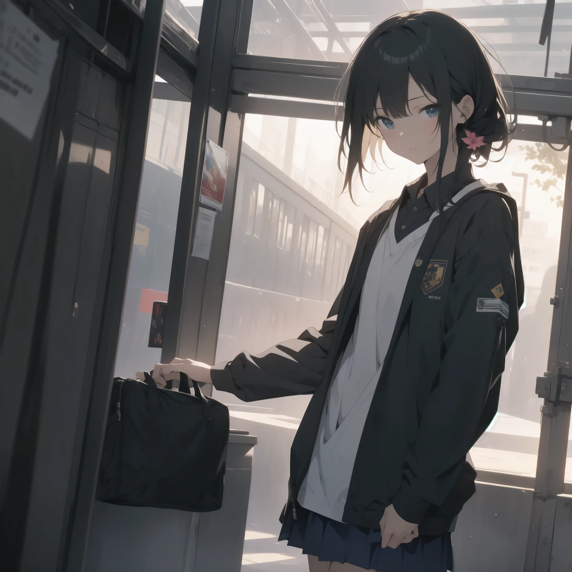 Super absurd quality by the god of art, super detailed, High resolution, anime moe art style, Best Anime 8K Kona-chan Wallpaper, pixiv contest winner, perfect anatomy, break,(眠そうにalone学校へ行く女の子を描いてください. )break,1 girl, (alone,little woman, baby face, 13 years old:1.3),All limbs, full finger,, The charm of an immature body, (very_short hair), bangs, flat chest, Small Bodysuits, small ass, between legs, small black eyes, detailed and beautiful eyes, Well-proportioned iris and pupils, expressive eyes, sleepy eyes, High resolutionの詳細な髪, hair ornaments, skirt, collared shirt, pleated skirt, school uniform, school bag,(detailed lighting), (detailed background), On the way to school. break,super dense skin, Best movie lighting by famous artists, 8k,cute illustration,photoshop_(Moderate),Absurd Hi-Res,Hmm,rough skin