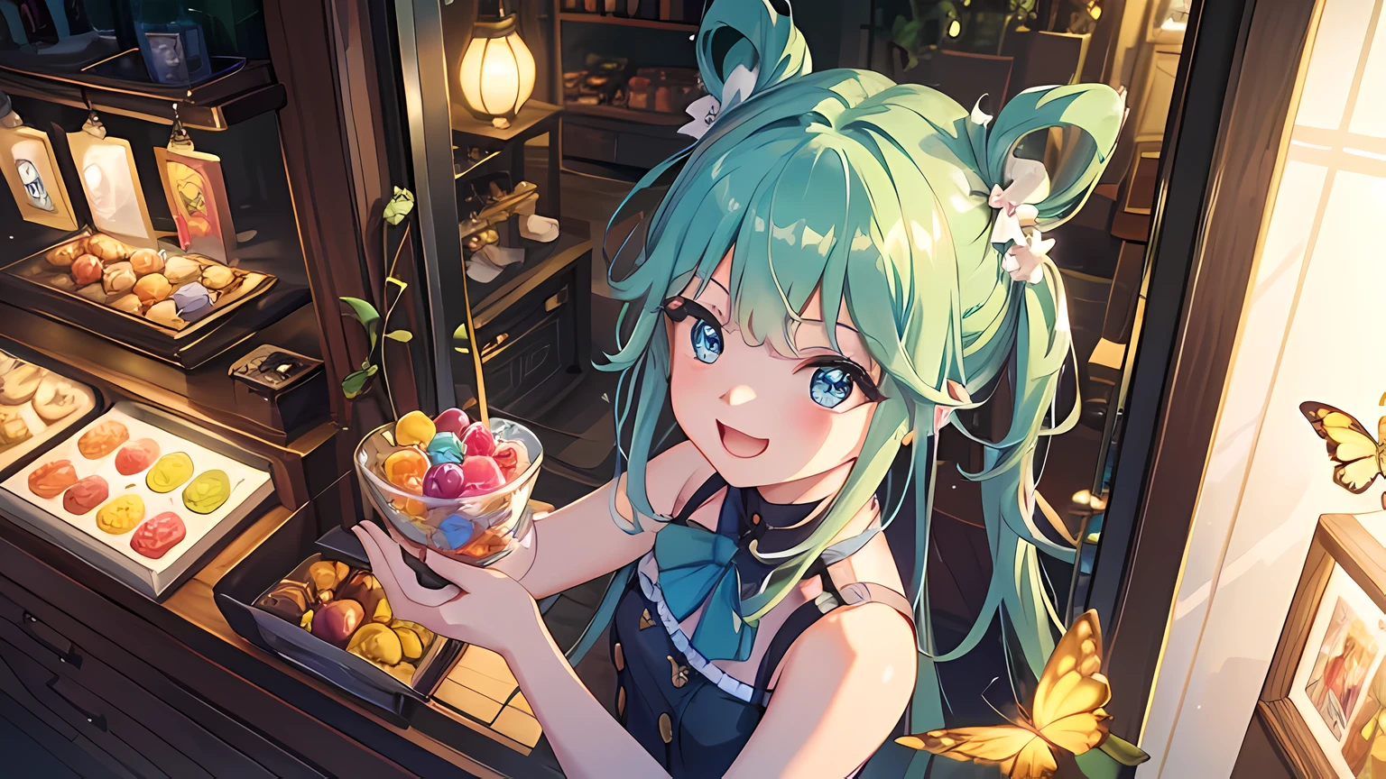 (best quality,highres,masterpiece:1.2),ultra-detailed,realistic,vivid colors,HDR,sharp focus,physically-based rendering,bokeh,portrait,illustration,candy shop,smiling girl,inviting,joyful atmosphere,victory hand,full body view,from above perspective,colourful candies,enticing display,bright and cheerful lighting,nostalgic vibes,festive decorations,playful expressions,delightful treats,enticing aroma,nearby pedestrians,summer afternoon,window shopping,triumphant mood,fluttering butterflies,hopeful eyes,childlike wonder,pleasure and excitement,warm sunlight filtering through leaves,tempting sweets,anticipation and curiosity,display of candies and chocolates,friendly shop owner,carefully crafted confectionery