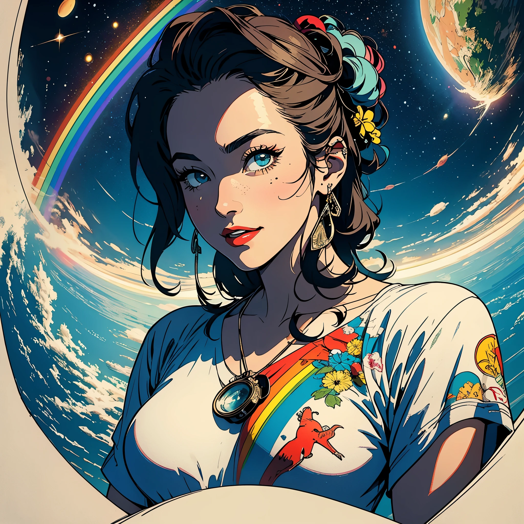 (masterpiece, highest quality), 32k,(A very detailed beautiful woman), poster,science fiction,1960s,1970s,bauhaus, shape, OK, abstract, propaganda,movie poster, vintage,retro,futuristic,anime,ultimate map,Perfect rainbow,highlight,angle from below, awesome smile, big tits,tatoo,
