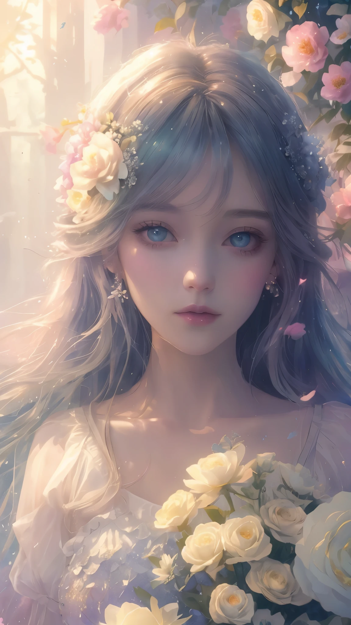 (high quality, 8k), (soft light), Rainbow-colored, one girl, detailed face, fine eyes, watercolor paiting, so magical and dreamy, dreamy and detailed, dreamy atmosphereとドラマ, gorgeous atmosphere, fantastic beautiful lighting, dreamy atmosphere, beautiful atmosphere, dreamy romantic, fantastic dreamy theme, magical atmosphere, beautiful atmosphere, anime background art, magical atmosphere + table top, dreamy aesthetics, Beautiful details with atmosphere, lots of flowers, bubble, water, flower garden