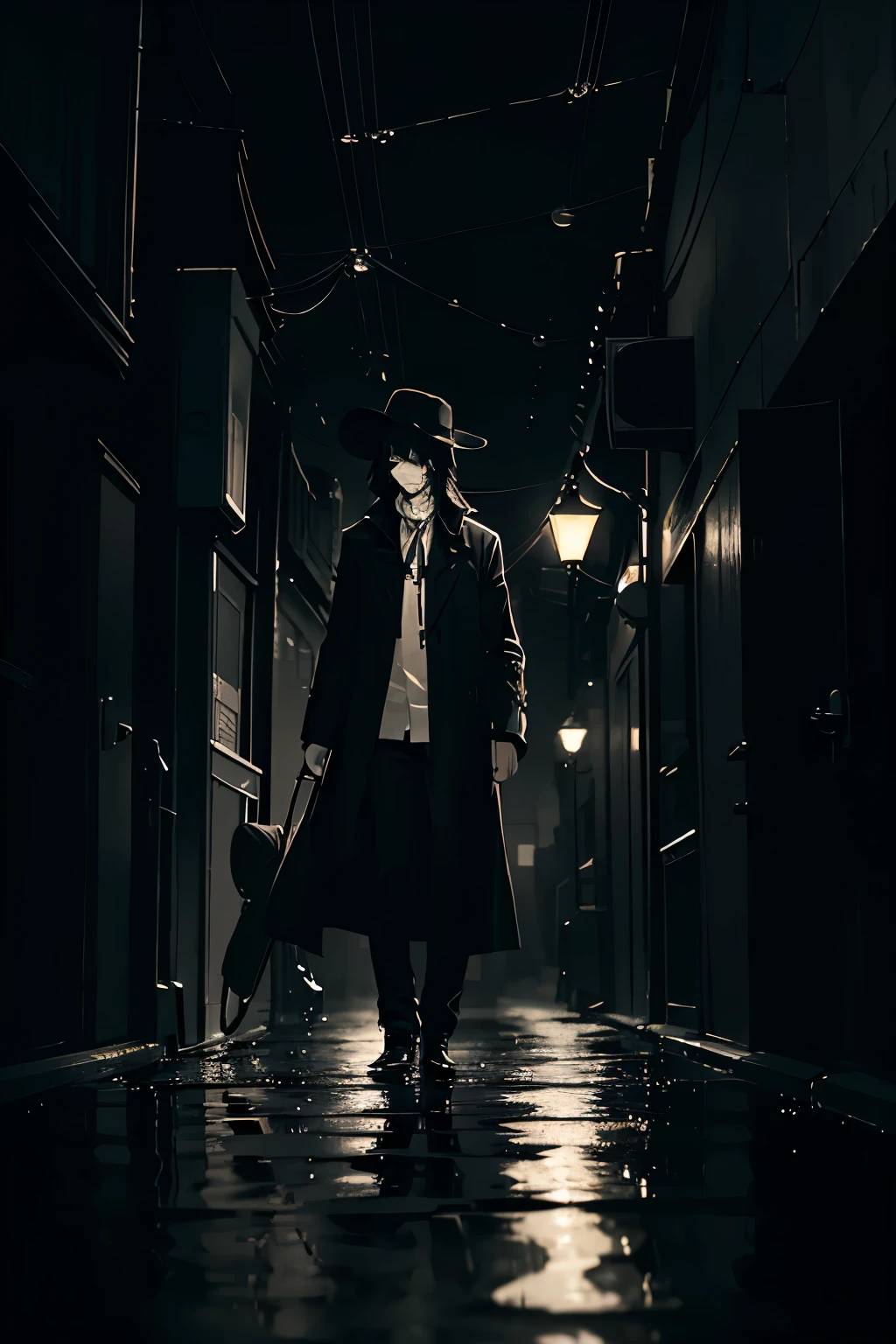Masterpiece, anime city, solitary figure, dark night time, enshrouded in darkness. \{1.5\}, velvety black background, neon city lights flickering, intricate details, (raindrops: 1.2). Anime architecture, alleyways, narrow streets, vacant, atmospheric. Delicate shades of gray, high contrast, cinematic effect, (reflective puddles: 1.1). A lone figure, dressed in a raincoat, holding an umbrella, introspective, (long, flowing coat: 1.3), (man with a hat and mask: 1.1). A sense of mystery,