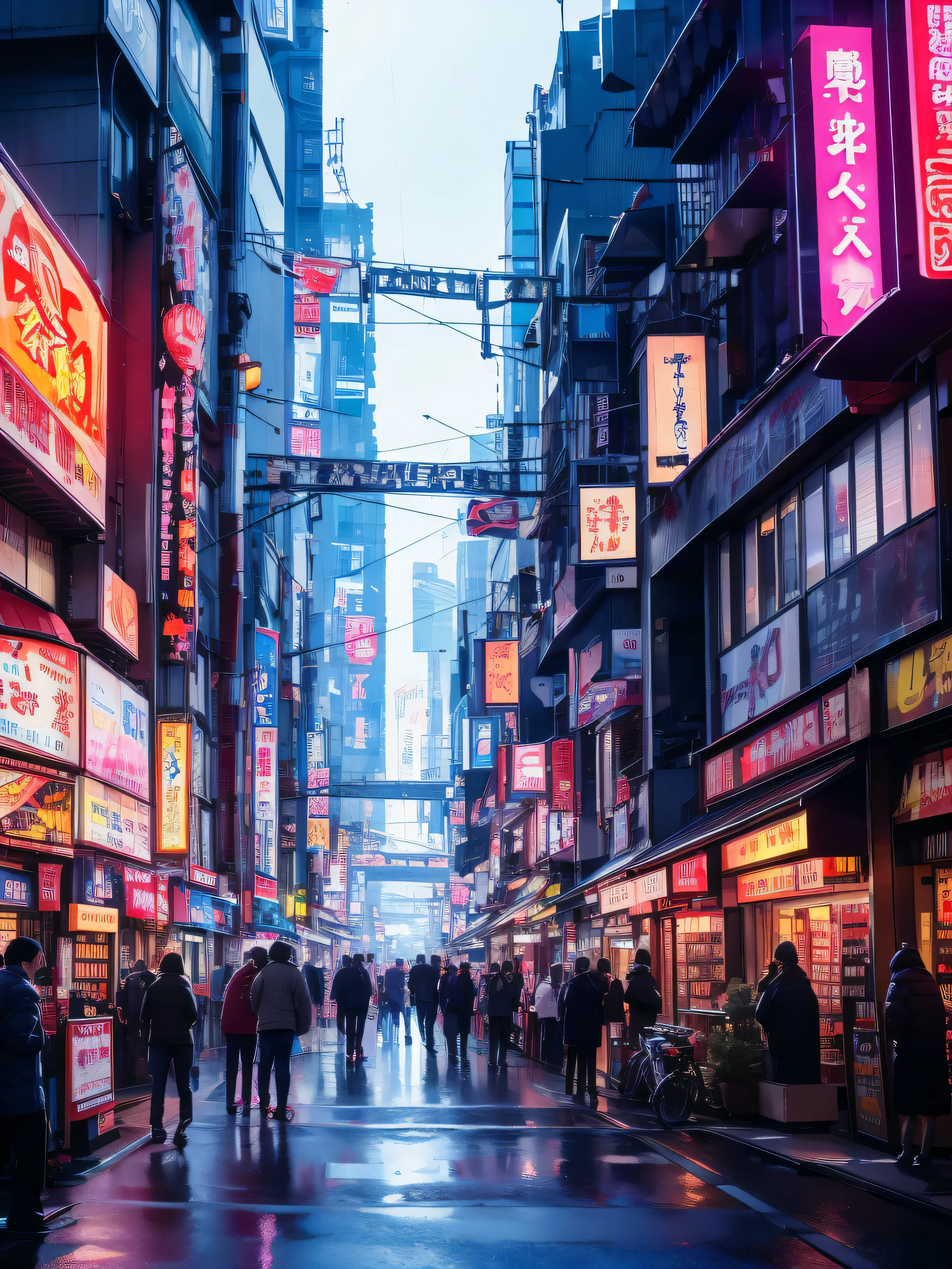 arafies located on one side of a busy street in the city, Japan city center, Japanese neon lights, Japanese cyberpunk streets, Neon Tokyo, in tokyo Akihabara, Japan城市, tokyo Akihabara street cityscape, Japanese travel aesthetic, Tokyo, Japan, On the streets of Tokyo, Akihabara, Tokyo street cityscape, Neon lights above the store