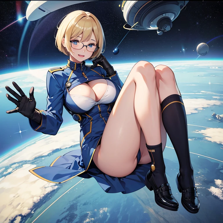 (masterpiece), best quality, expressive eyes, perfect face, solo, mature woman, full body, look smart, blond hair, short bob hair, glasses, azure pilot suit, high leg, over knee socks, large breast, large butt, smile, relaxed expression, open mouth, low view, in the spaceship, outer space,