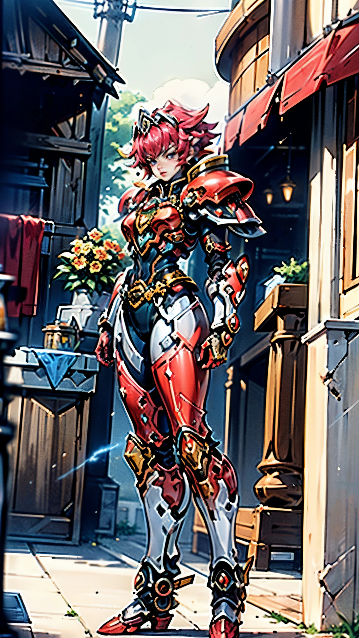 A woman adorned in fantasy-style full-body armor, a crown-concept fully enclosed helmet that unveils only her eyes, a composite layered chest plate, fully encompassing shoulder and hand guards, a lightweight waist armor, form-fitting shin guards, the overall design is heavy-duty yet flexible, ((the armor gleams with a golden glow, complemented by red and blue accents)), exhibiting a noble aura, she floats above a fantasy-surreal high-tech city, this character embodies a finely crafted fantasy-surreal style armored hero in anime style, exquisite and mature manga art style, (Queen bee mixed with Spider concept Armor, plasma, blood), ((Element, energy, elegant, goddess, femminine:1.5)), metallic, high definition, best quality, highres, ultra-detailed, ultra-fine painting, extremely delicate, professional, anatomically correct, symmetrical face, extremely detailed eyes and face, high quality eyes, creativity, RAW photo, UHD, 32k, Natural light, cinematic lighting, masterpiece-anatomy-perfect, masterpiece:1.5
