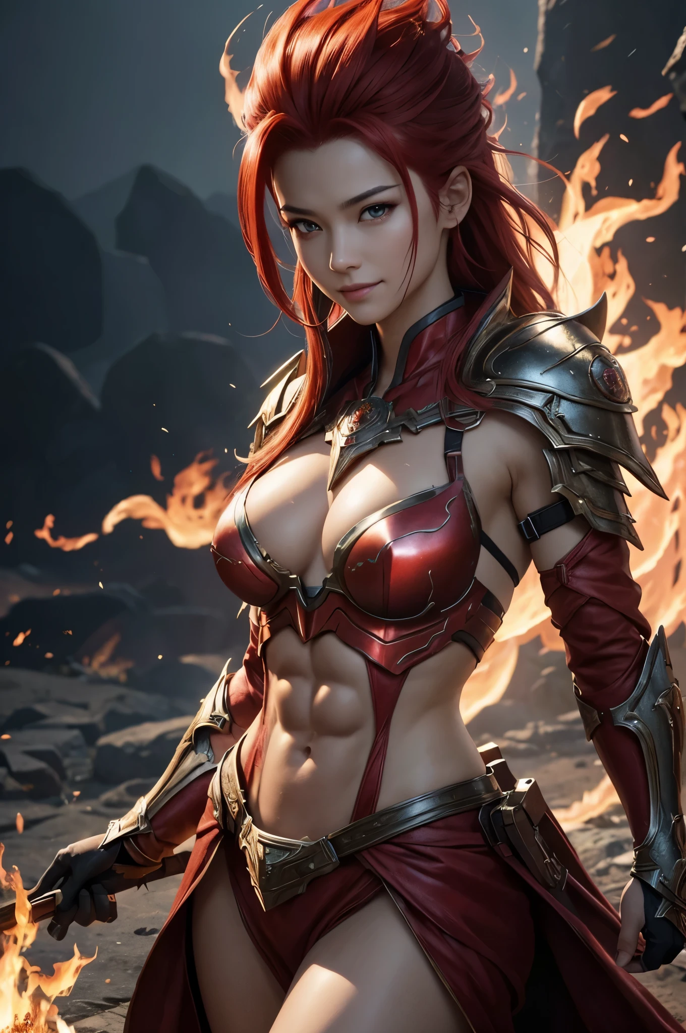 8k、alone,16歳のgoddess of fire,Super beautiful(like the real thing),red eyes,Super beautiful,beautiful red mohawk hair,Flashy flame god makeup,sexyな赤い炎の胸鎧,sexy,Remains,amazing work of art、wind effect:1.9、cloud effect:1.2,full rendering、unreal engine,ultra high resolution,super realistic skin,Super precise hand details,fantasy art,Photorealistic RAW photos of the highest quality。Backlight, cinematic lighting, film grain, to be born, 50mm lens, Nikon D850,realistic skin,fantasy art,character art,ultra high resolution,Macho with a muscular slender body,Precise facial details,grim expression,Improve the quality of facial expressions,accurate human body structure,perfect hands,Flame Hair Ornament,red flame shoulder armor,red flame gauntlet,red flame leg armor,Violent and strongly cracked abdominal muscles,goddess of fire,perspective from above,Close-up,battle scene,fighting pose,dynamic pose,explosive flame,