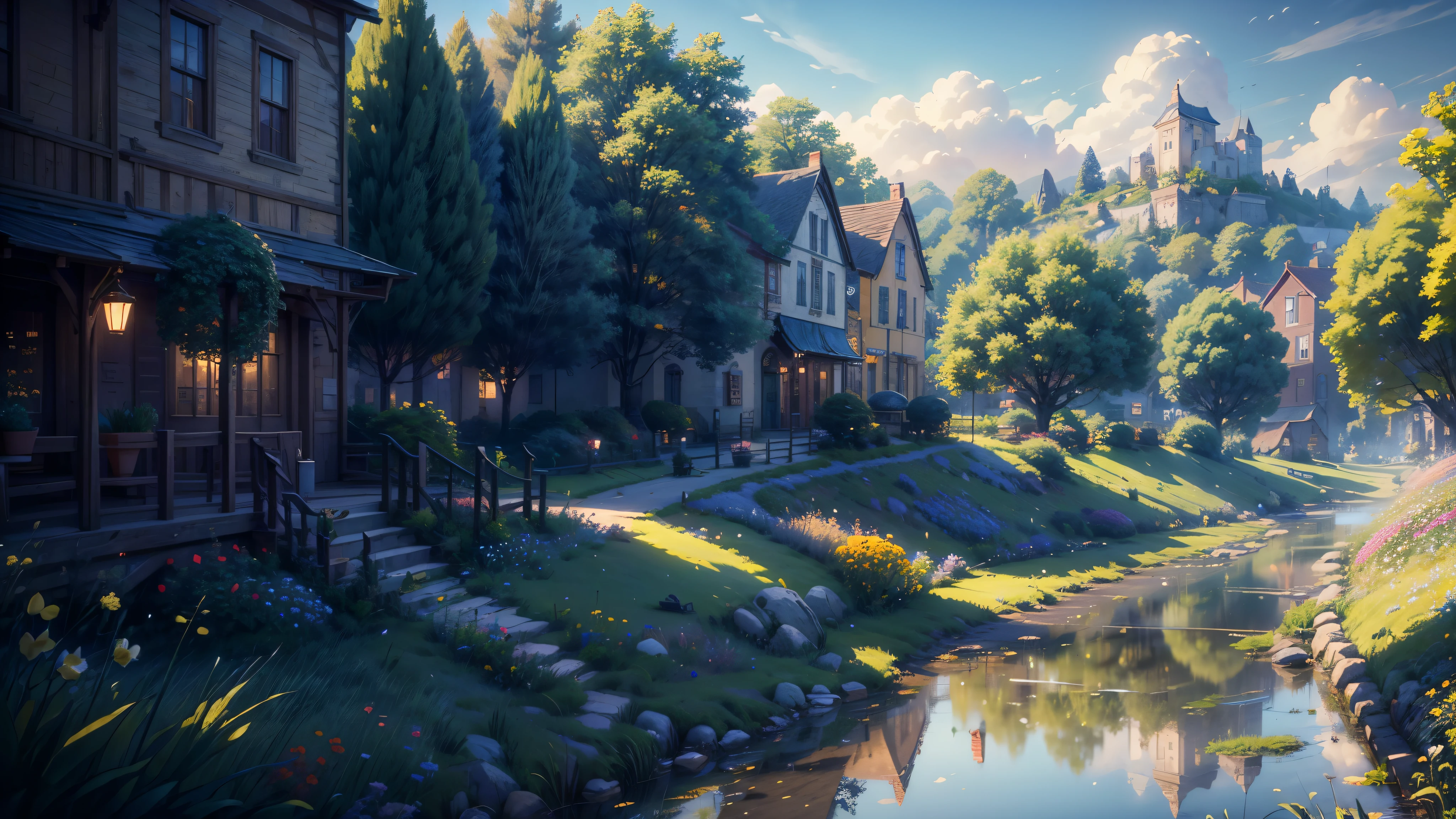  (8K, HD), a little town, a lot of grass, nature, beautiful townscape, perfect reflections, peaceful life, bright sun, flowers blooming, parkways, holiday atmosphere, peaceful atmosphere, cute buildings, cinematic lighting, depth of field, ray tracing, reflection light, (masterpiece:1.2), (best quality)