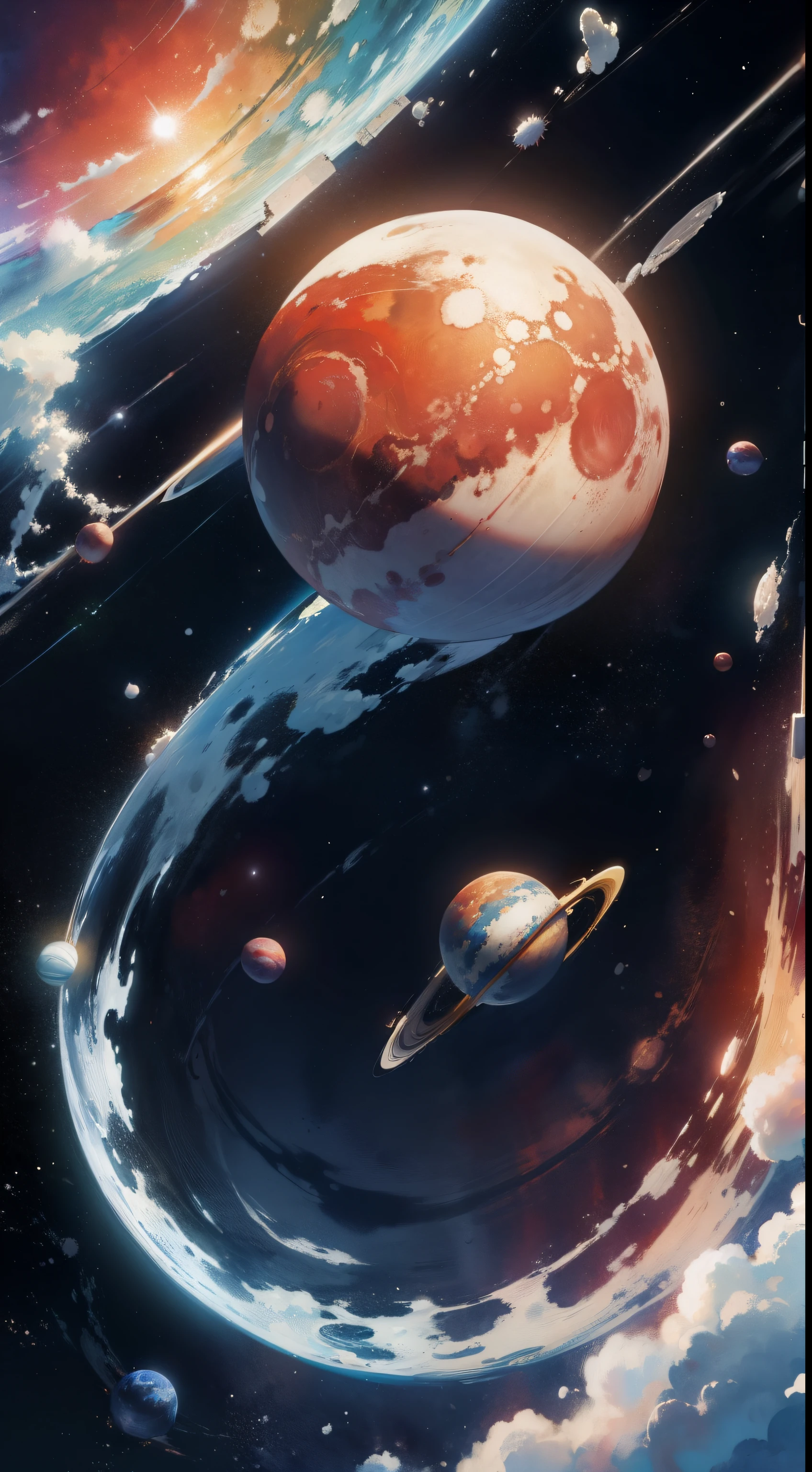 planets in orbit in the style of watercolor spatters