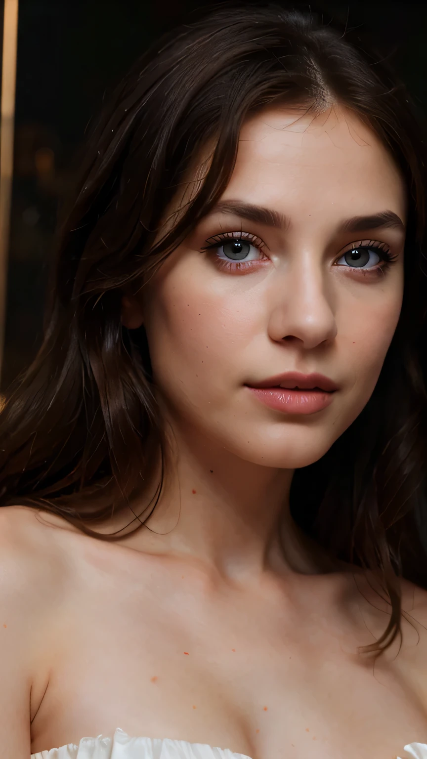 (best quality, 4k, 8k, high resolution, masterpiece: 1.2), portrait, Moderate:, Beautiful and delicate eyes, Beautiful and delicate lips, Beautifully detailed nose, black hair, dark blue eyes, Professional color correction, great woman, white dress, lovely woman, dark background