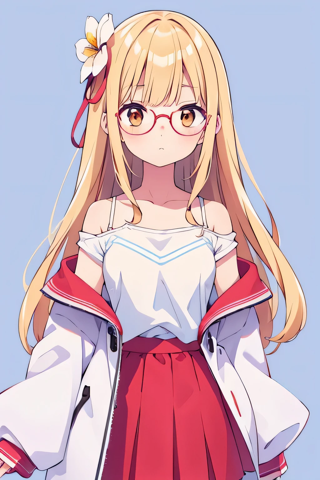 1girl, smallbody, blonde hair, wearing white t-shirt, red skirt, Off The Shoulder Coats jacket, brown eyes, 8k resolutions, best quality, hair ornament on right flower, blue background, wearing round glasses, bangs, long hair, shirt inside jacket, cute face