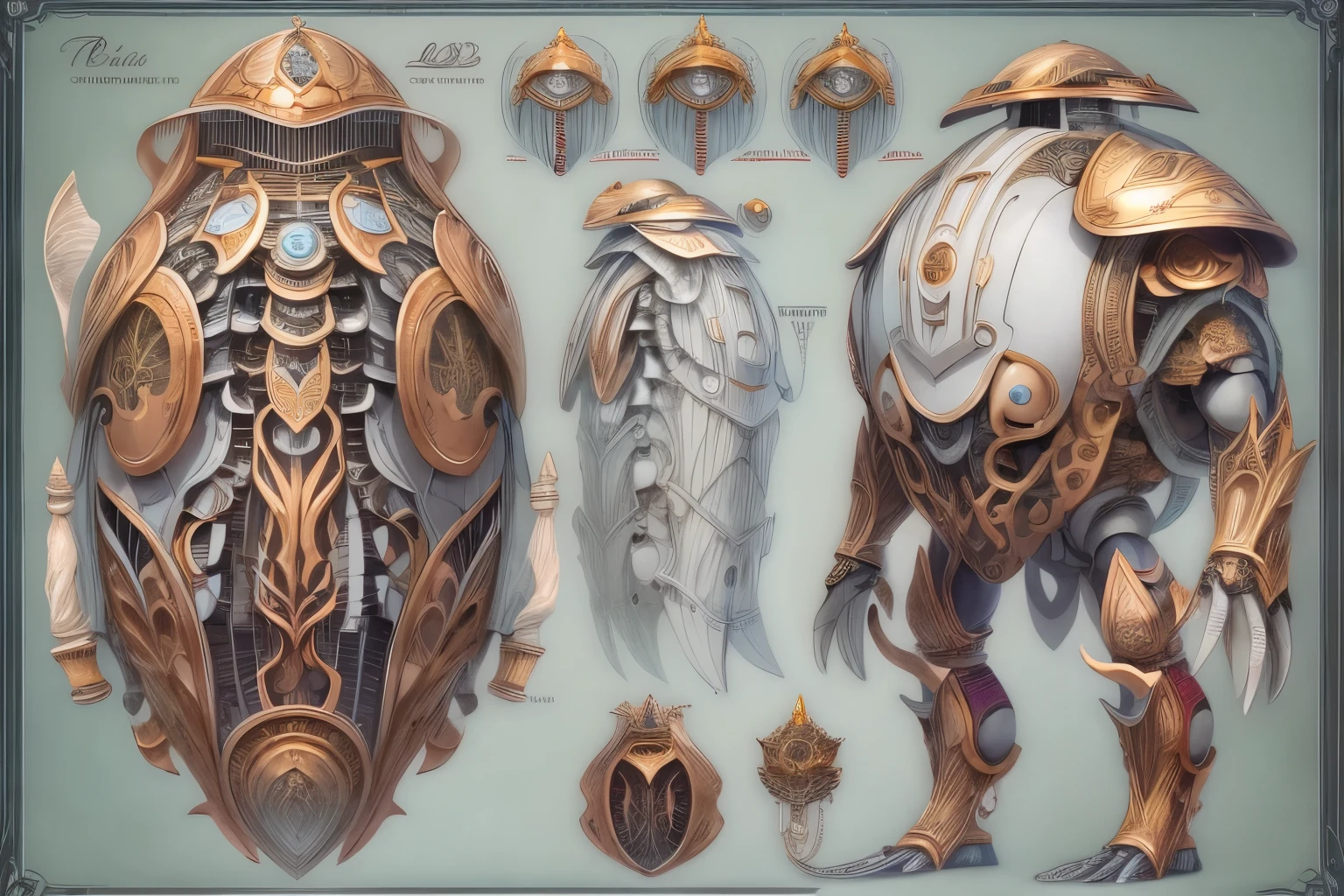 ancient character design sheet, character design sheet, Detailed character description, Different perspectives, detailed anatomy，Transparent shell，The inside is a mechanical structure，（（A masterpiece with fantasy elements）））， （（best quality））， （（intricate details））（8k）