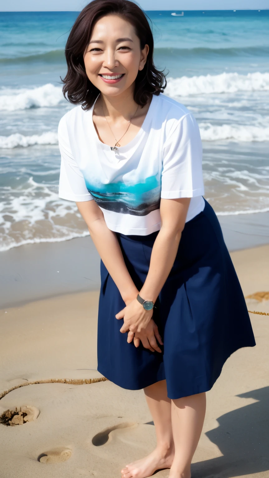 ((highest quality、8k、masterpiece:1.3))、sharp focus, High level image quality, High resolution, portrait, alone, Japanese, middle-aged women, beautiful woman, 48 years old, wavy hair, big t-shirt, beach, dark makeup, wrinkles around the eyes, bewitching look, Wet, barefoot、belly button、mouth is open、laughter、sandy beach、small breasts、Have fun、bob hair、necklace、wedding ring、leaning forward、close the chest、Datchno's pose