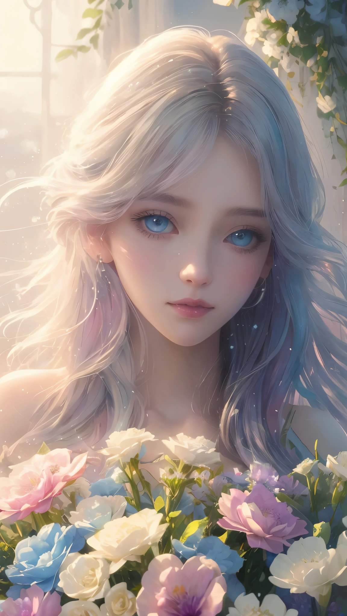 (high quality, 8k), (soft light), Rainbow-colored, one girl, detailed face, fine eyes, watercolor paiting, so magical and dreamy, dreamy and detailed, dreamy atmosphereとドラマ, gorgeous atmosphere, fantastic beautiful lighting, dreamy atmosphere, beautiful atmosphere, dreamy romantic, fantastic dreamy theme, magical atmosphere, beautiful atmosphere, anime background art, magical atmosphere + table top, dreamy aesthetics, Beautiful details with atmosphere, lots of flowers, bubble, water, flower garden