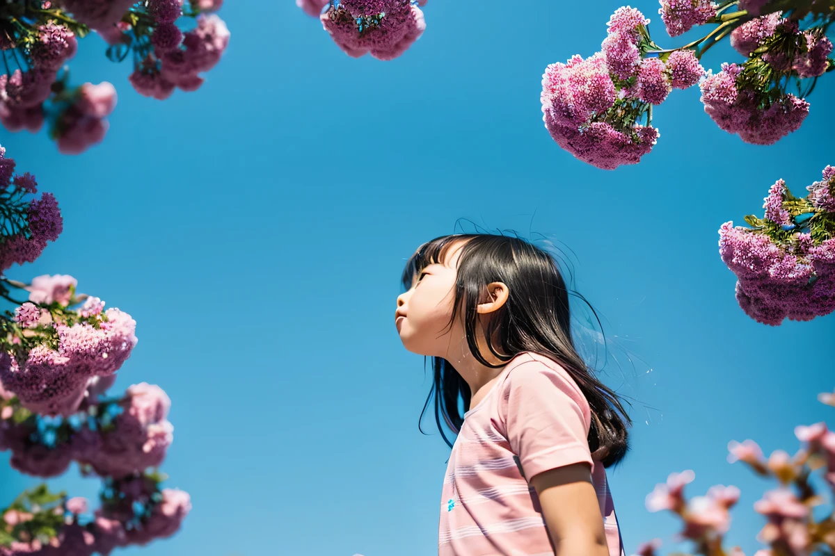 my name is lin、91 year old girl standing looking up at the sky。