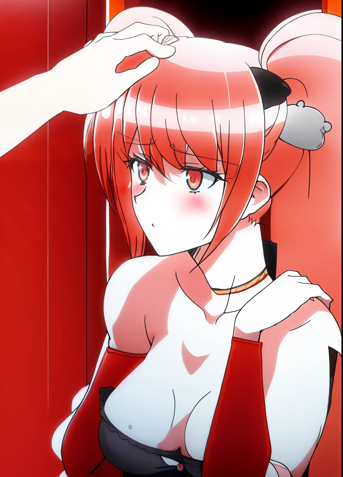 Junko Eshima, 1 girl, Pat the head, Upper body, long hair, hands on head, blush, Cat ears, red ears, animal ear hair, clavicle