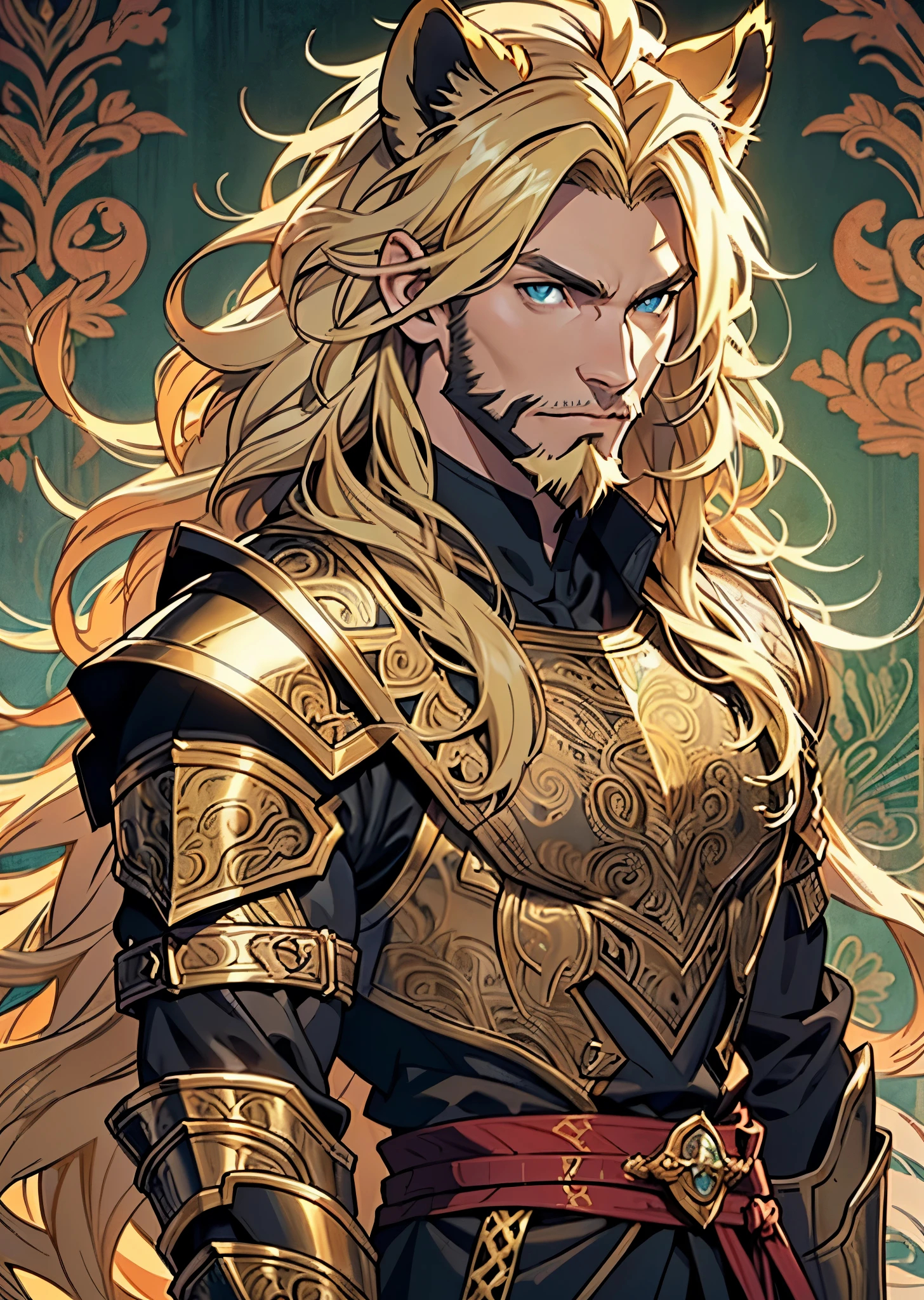 One male, lion ears, long hair, blond, blond hair, green eyes, tall, muscular, black fantasy heavy armor, beautiful face, ((highest quality)), ((masterpiece)), 2d, ((anime)), (perfect face), ((highest detail)), feline eyes, stubble beard, lion tail, wavy hair, ((half body)), intricate details, (Paisley background)), ((solo)), young adult