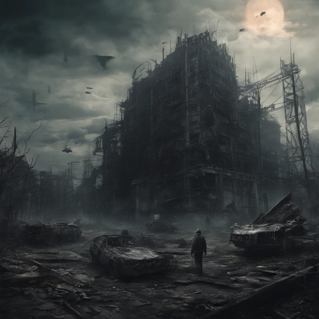 (colorful, bright, vivid, intense),(best quality, highres),(sci-fi, fantasy),(detailed landscapes, destroyed cities, futuristic technology, abandoned buildings, overgrown nature),(apocalyptic wasteland, cyberpunk world, advanced civilizations),(dramatic lighting, neon lights),(deserted streets, towering skyscrapers, lush forests),(human survivors, mysterious creatures),(superhuman abilities, flying vehicles),(epic battles, exploration of unknown territories)