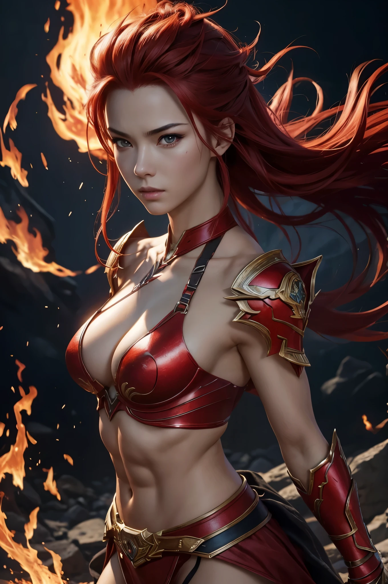8k、alone,16歳のgoddess of fire,Super beautiful(like the real thing),red eyes,Super beautiful,beautiful red mohawk hair,Flashy flame god makeup,sexyな赤い炎の胸鎧,sexy,Remains,amazing work of art、wind effect:1.9、cloud effect:1.2,full rendering、unreal engine,ultra high resolution,super realistic skin,Super precise hand details,fantasy art,Photorealistic RAW photos of the highest quality。Backlight, cinematic lighting, film grain, to be born, 50mm lens, Nikon D850,realistic skin,fantasy art,character art,ultra high resolution,Macho with a muscular slender body,Precise facial details,grim expression,Improve the quality of facial expressions,accurate human body structure,perfect hands,Flame Hair Ornament,red flame shoulder armor,red flame gauntlet,red flame leg armor,Violent and strongly cracked abdominal muscles,goddess of fire,perspective from above,Close-up,battle scene,fighting pose,dynamic pose,explosive flame,