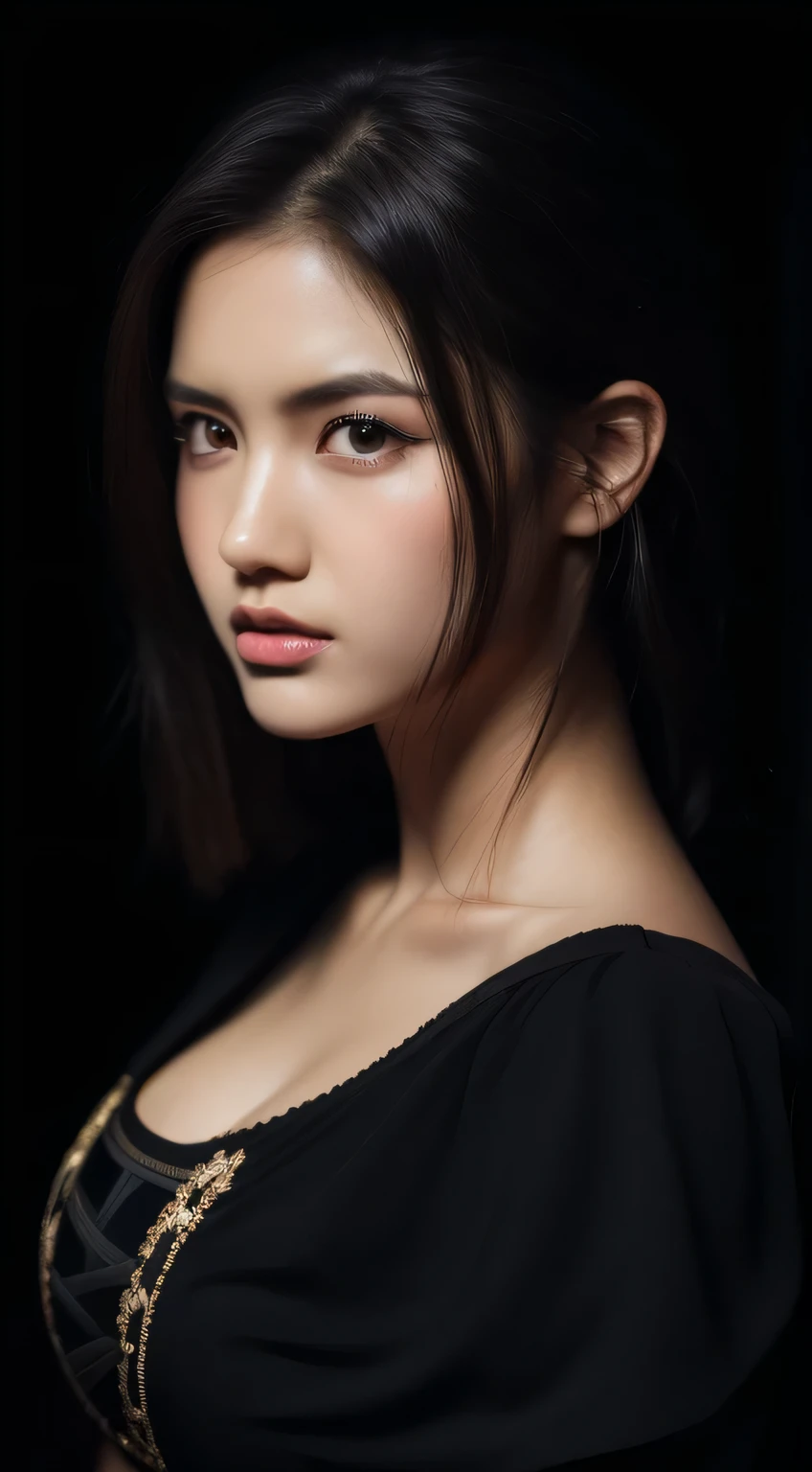 masterpiece, best quality, 8k, absurdres, full body beautiful Maria Ozawa, (night, upper body, dark background:1.4), (classical dress:1.6), dark studio, rim lighting, dimly lit, low key, ultra realistic, highres, photography, film grain, chromatic aberration, depth of field, sharp focus, HDR, facelight, dynamic lighting, cinematic lighting, professional shadow, dark shadow, highest detailed, extreme detailed, ultra detailed, finely detail, real skin, delicate facial features, detailed face and eyes, sharp pupils, realistic pupils