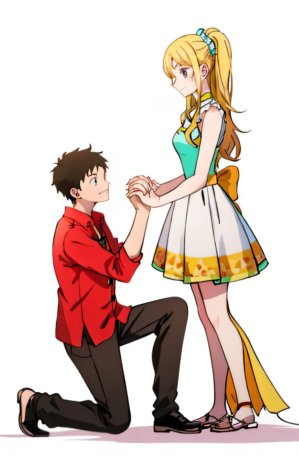 The girl stood up,looking at the boy with love. Boy proposes to girl on one knee under spotlight.