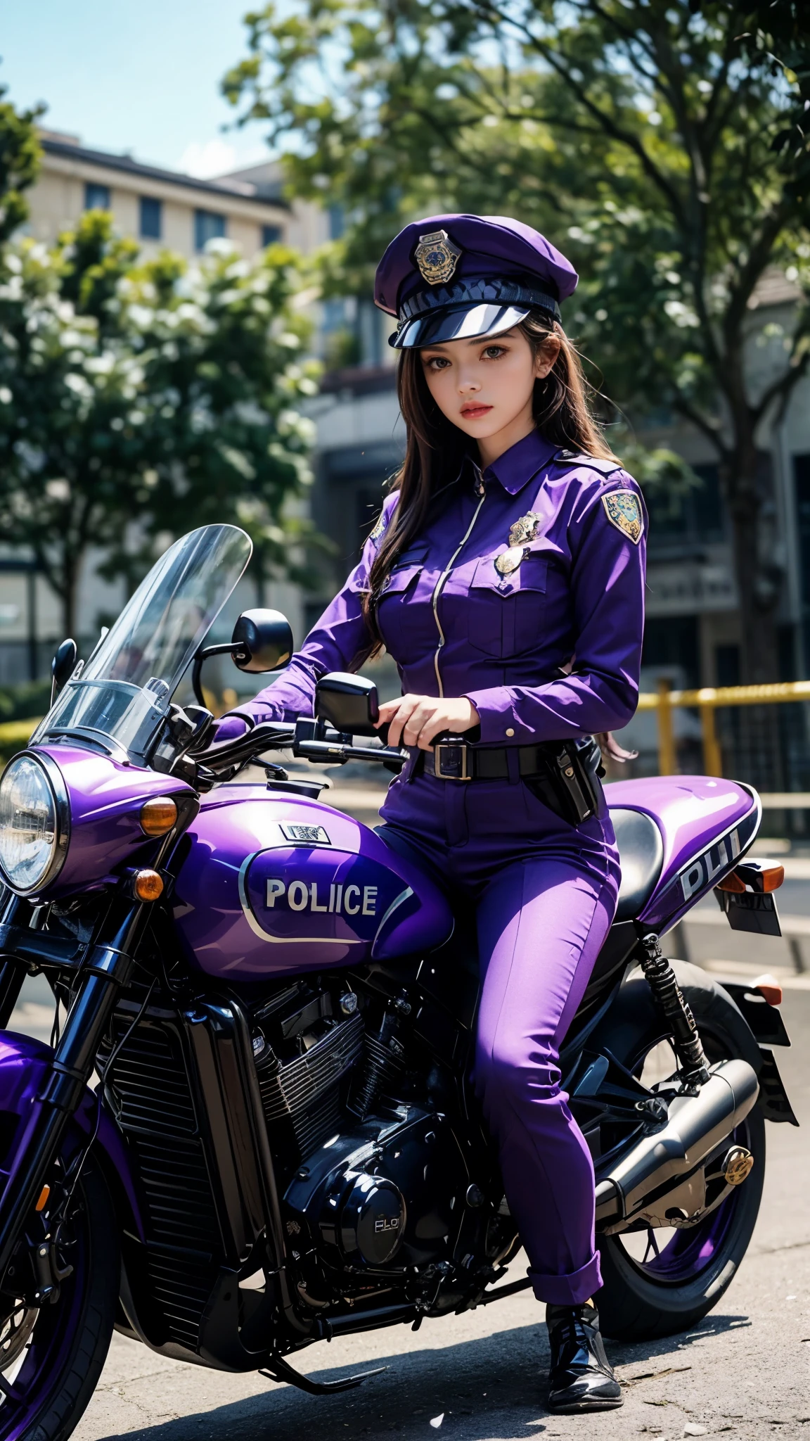 8k, ultra hd, masterpiece, 1 girl, (innocent face:1.2), very long hair, detailed eyes, (police outfit:1.4), (purple outfit:1.4), police hat, in the battlefield, (bloom:1.5), perfect body image, riding on the bike,