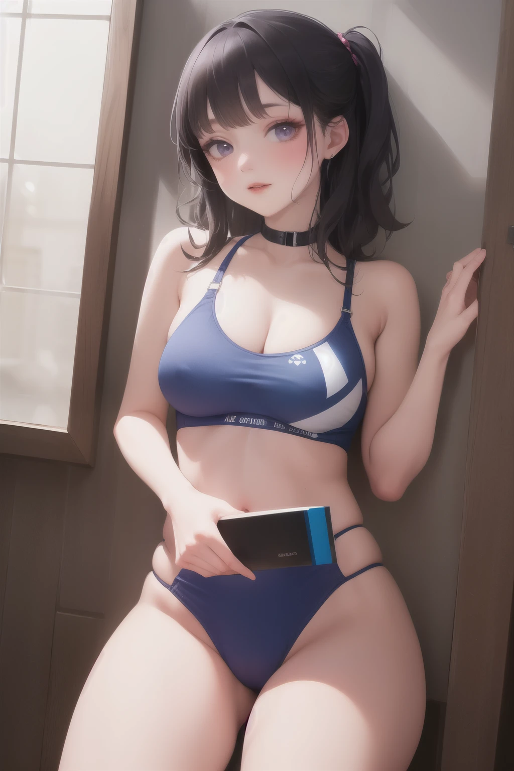 Lower chest,cropped-fc,,, BTPT-FC,half naked,split,store breasts,breast patch, Breasts sticking out,blunt bangs,dark blue hair,super beautiful face,shining eyes,Korean makeup,1 busty girl,purple eyes,gorgeous hair,close a,sportswear,brush strokes,beautiful
