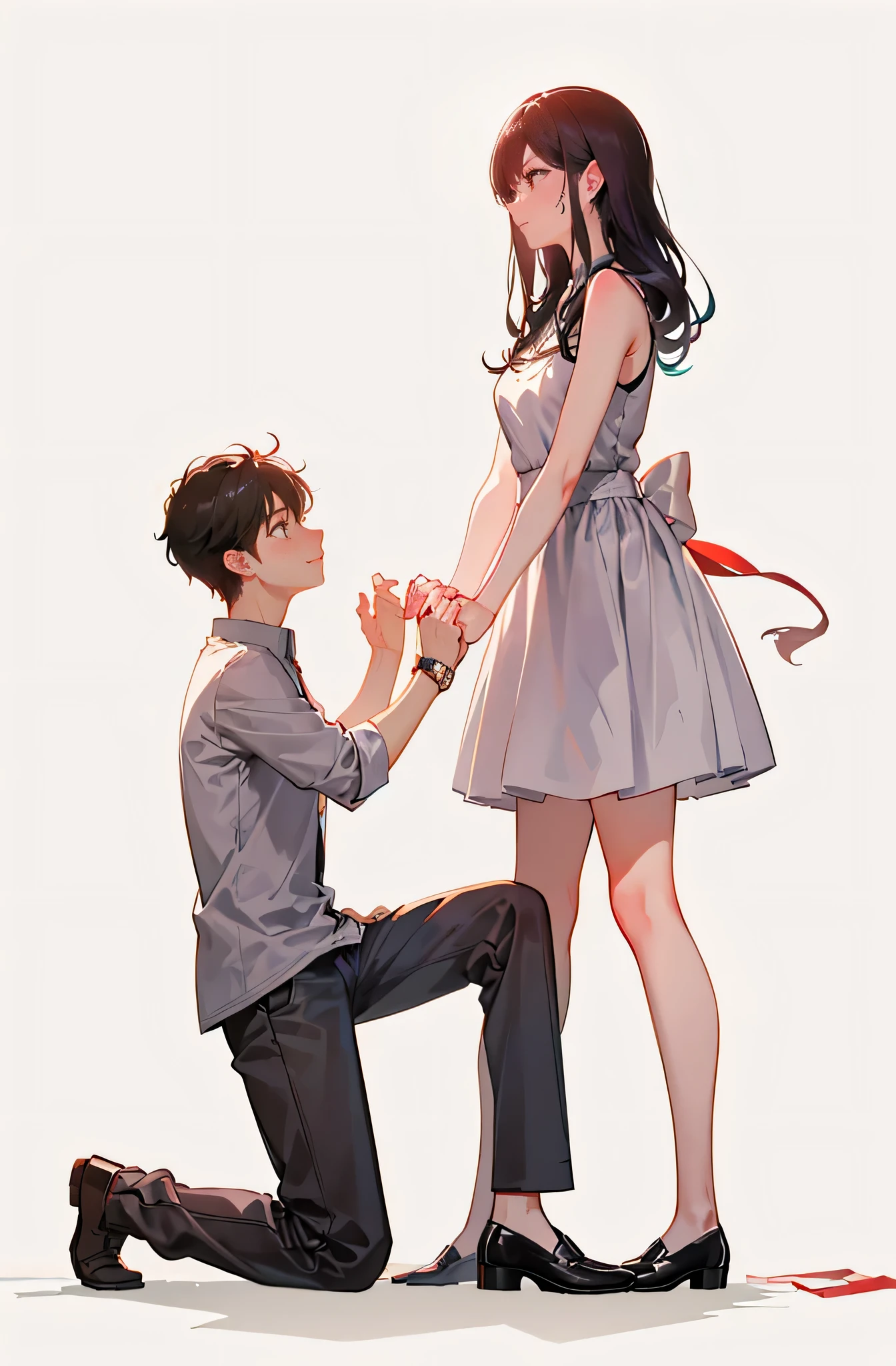 The girl stood up，looking at the boy lovingly，Boy kneels down on one knee to propose to girl under spotlight，simple