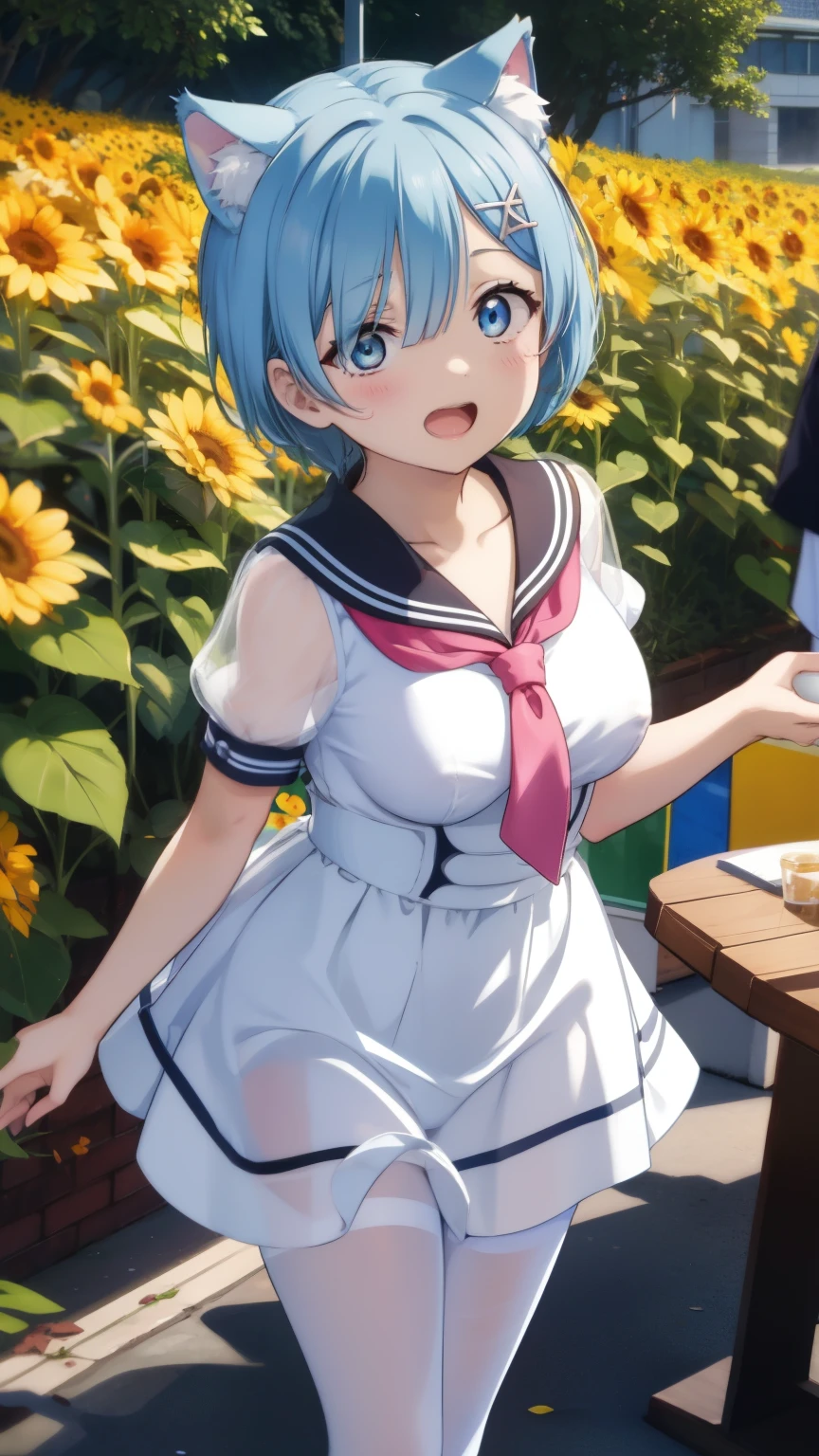 Re:Zero&#39;s Rem、light blue hair、short hair、table top、High resolution、many girls multiple girls、large crowd、lots of cute girls、big and full breasts、naughty body、See-through、throw、、whole body、Are standing、Look up at me、confused face、blush、embarrassing、I&#39;m panicking、The shape of a woman&#39;s private parts is clearly visible、I can see your nipples、white skirt、micro mini skirt、very short skirt、Many people々々々々々、in the crowd、bare chest、show your chest、Upper 、A lot of milk comes out from the nipples、Breast milk gushes from the nipple、very big breasts、show your chest、bare chest、straw hat、white dress、sunflower field、bangs that cover one eye、pink hairpin、white sandaly crotch is wet