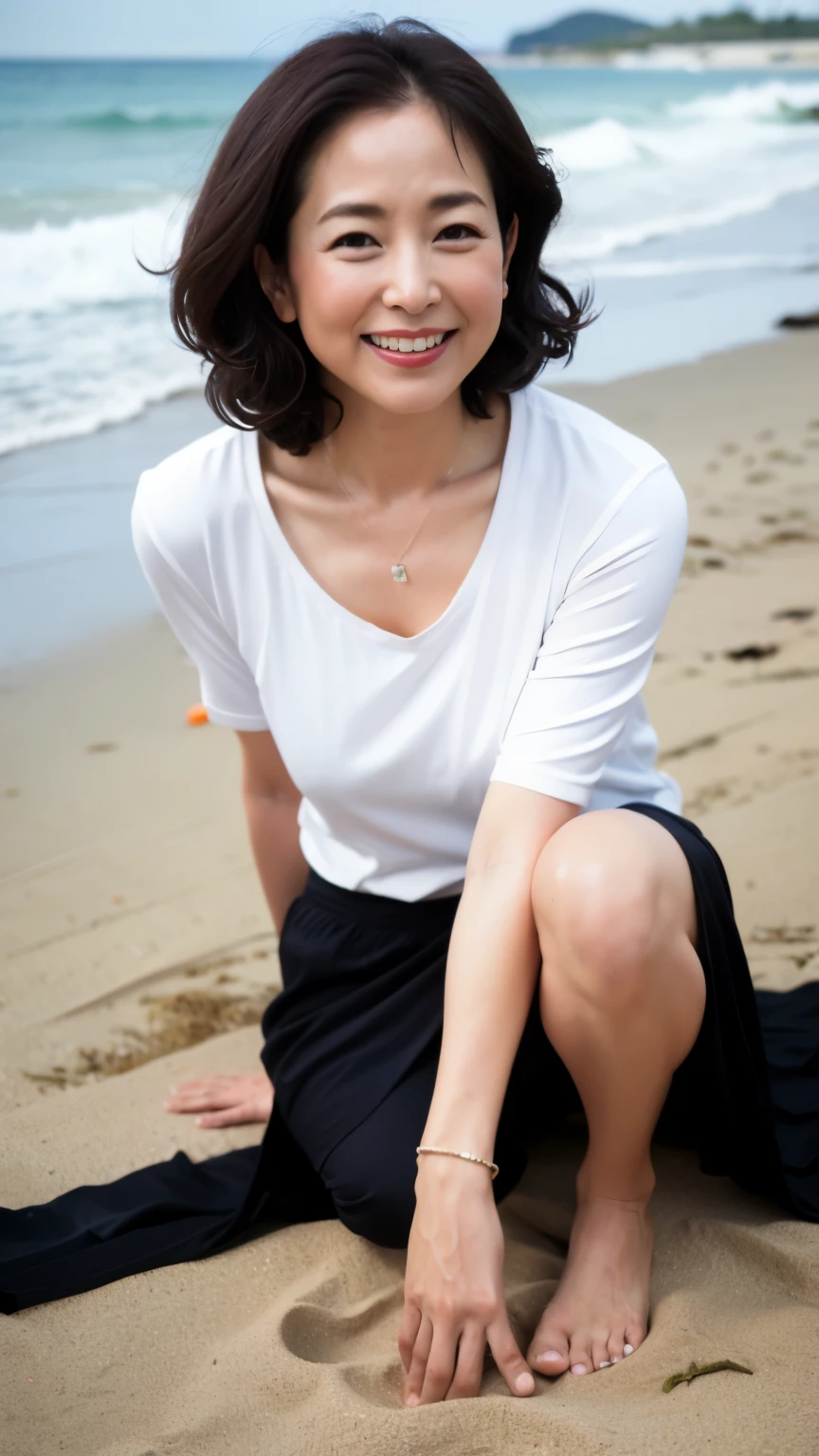 ((highest quality、8k、masterpiece:1.3))、sharp focus, High level image quality, High resolution, portrait, alone, Japanese, middle-aged women, beautiful woman, 50 years old, wavy hair, big t-shirt, beach, dark makeup, wrinkles around the eyes, bewitching look, Wet, barefoot、belly button、mouth is open、laughter、sandy beach、small breasts、Have fun、bob hair、necklace、wedding ring、leaning forward、close the chest、Datchno's pose