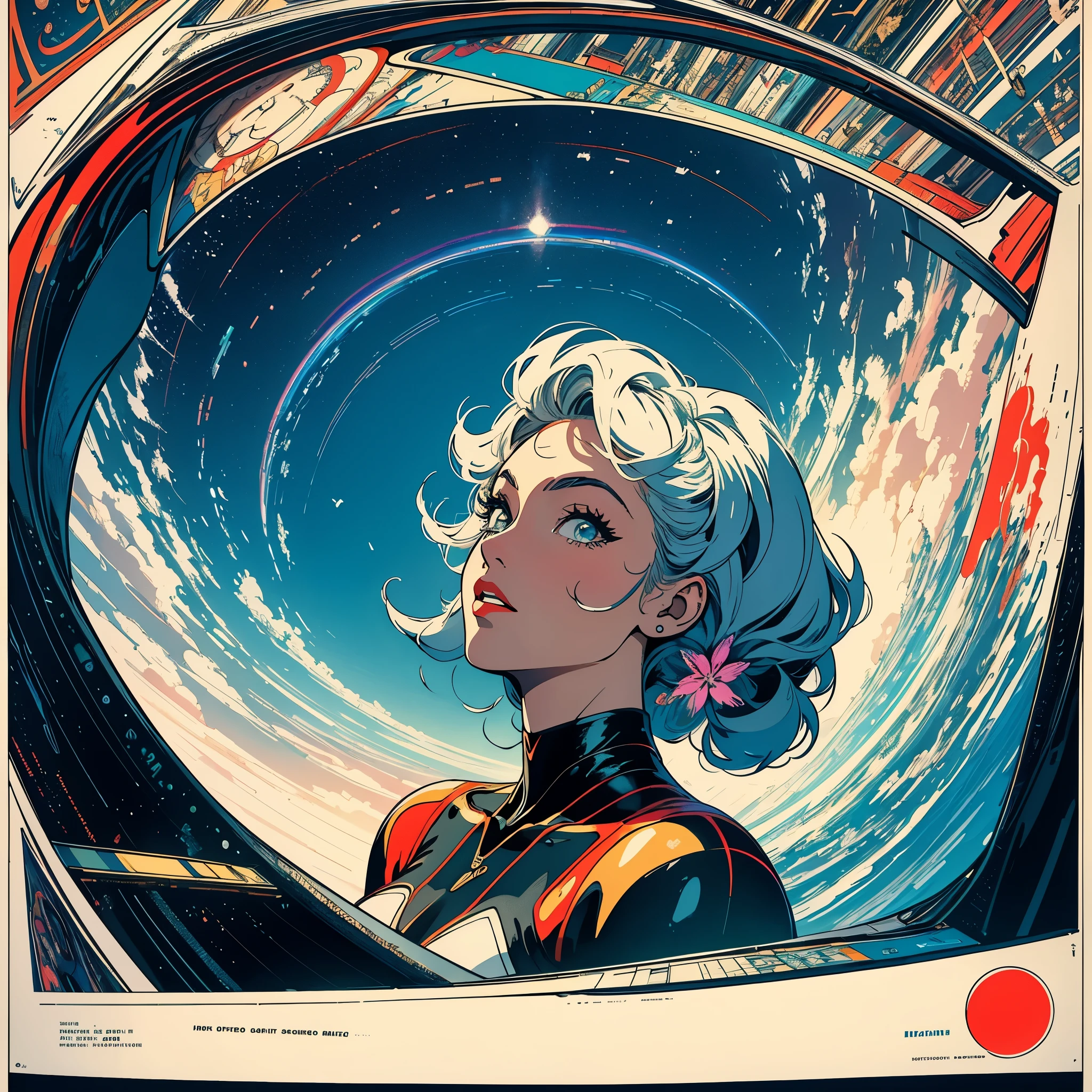 (masterpiece, highest quality), 32k,(A very detailed beautiful woman), poster,science fiction,1960s,1970s,bauhaus, shape, OK, abstract, propaganda,movie poster, vintage,retro,futuristic,anime,ultimate map,Perfect rainbow,highlight,angle from below, awesome style, big tits,tattoo,