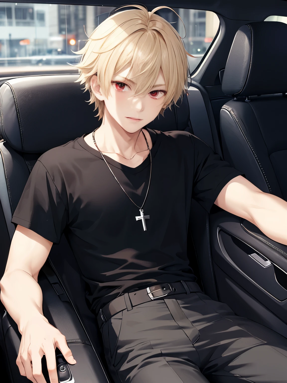 1 boy,solo,20 years old,Sitting in a car seat, heavy rain, various facial expressions,focus on face,cross necklace,handsome,messy hair,Perfect face, detailed face, short hair, blonde hair,black t-shirt, Plain t-shirt,black t-shirt,short sleeve t-shirt,black trousers, Long pants,red eyes,bright red eyes, vampire