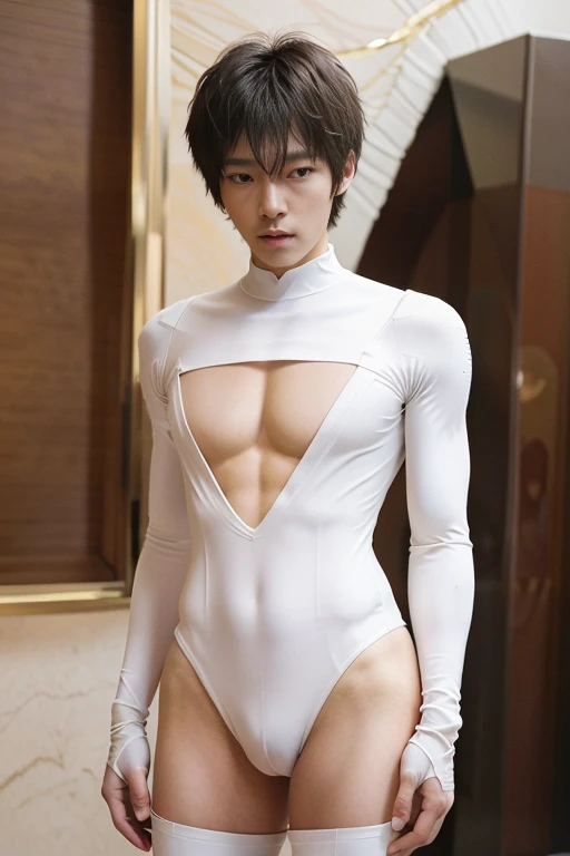 (masutepiece,High resolution,ultra - detailed:1.0),1(Boy,Robot Boy),Perfect male body,Look at the camera,Delicate eyes and delicate face,extremely details CG,Unity 8k壁纸,intricate-detail,solo person,Detailed face, (Futuristic skin-perfect white bodysuit), Best Quality, hands visible, (White Gloves), Beautiful and delicate blue short hair:1.5 , full length shot(fls) , thighs , big hips , insane details, hyper details , photorealistic  , only male , handsome boy
