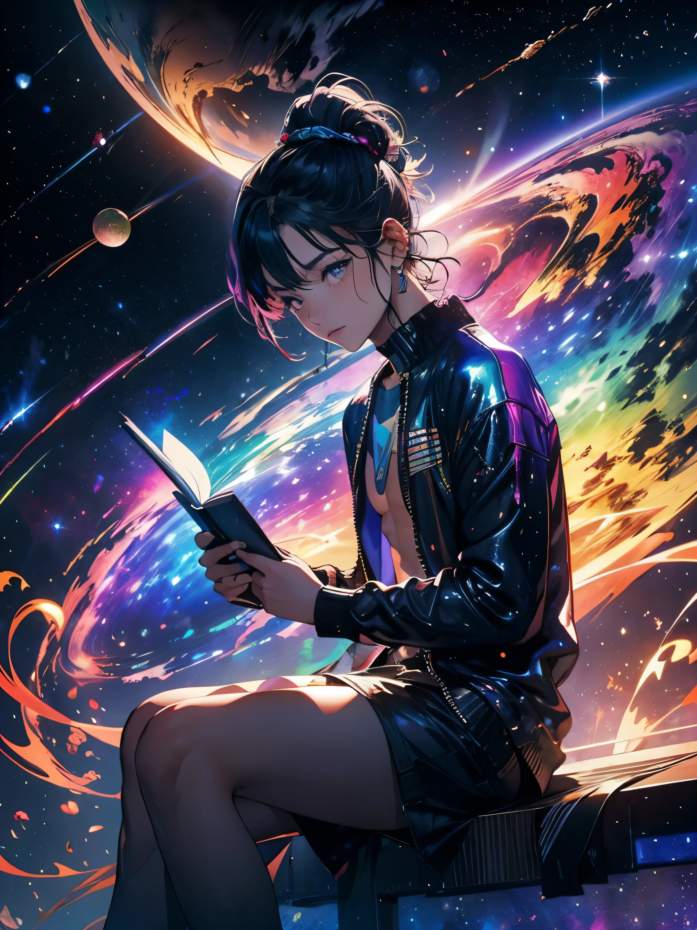 a sitting in the performer and reading a colored shining book, rainbow colored space nebula sky background, performer, milky way