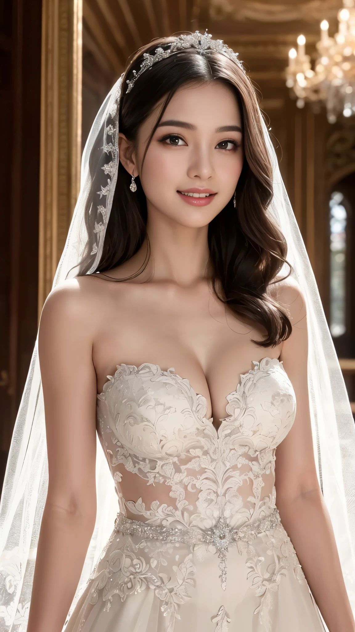 ((top quality, 8K, masterpiece:1.3)), (focus control:1.2), (Perfect Body Beauty:1.4), ((delicate hair)), (Highly detailed face and skin texture), fair eyes, double eyelid, (shiny skin:1.5), small face, huge breasts, 20 years old, (White layered hair), (smile, beautiful teeth), (gorgeous wedding dresses:1.4), (Fantastic palace:1.5), (Hide your hands under your clothes), Indian Beauties,