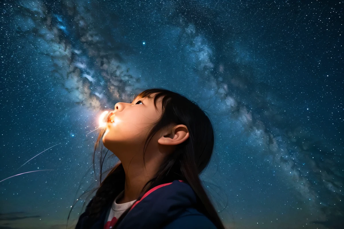 my name is lin、９1 year old girl looking up at the night sky。